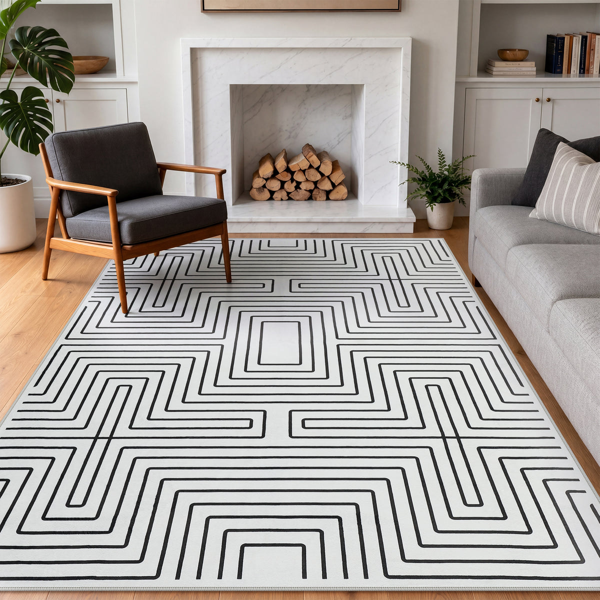 Tribesigns Minimalist Labyrinth Pattern Rug, Modern Geometric Non-Slip Low-Pile Area Rug for Living Room, OEKO-TEX Certified