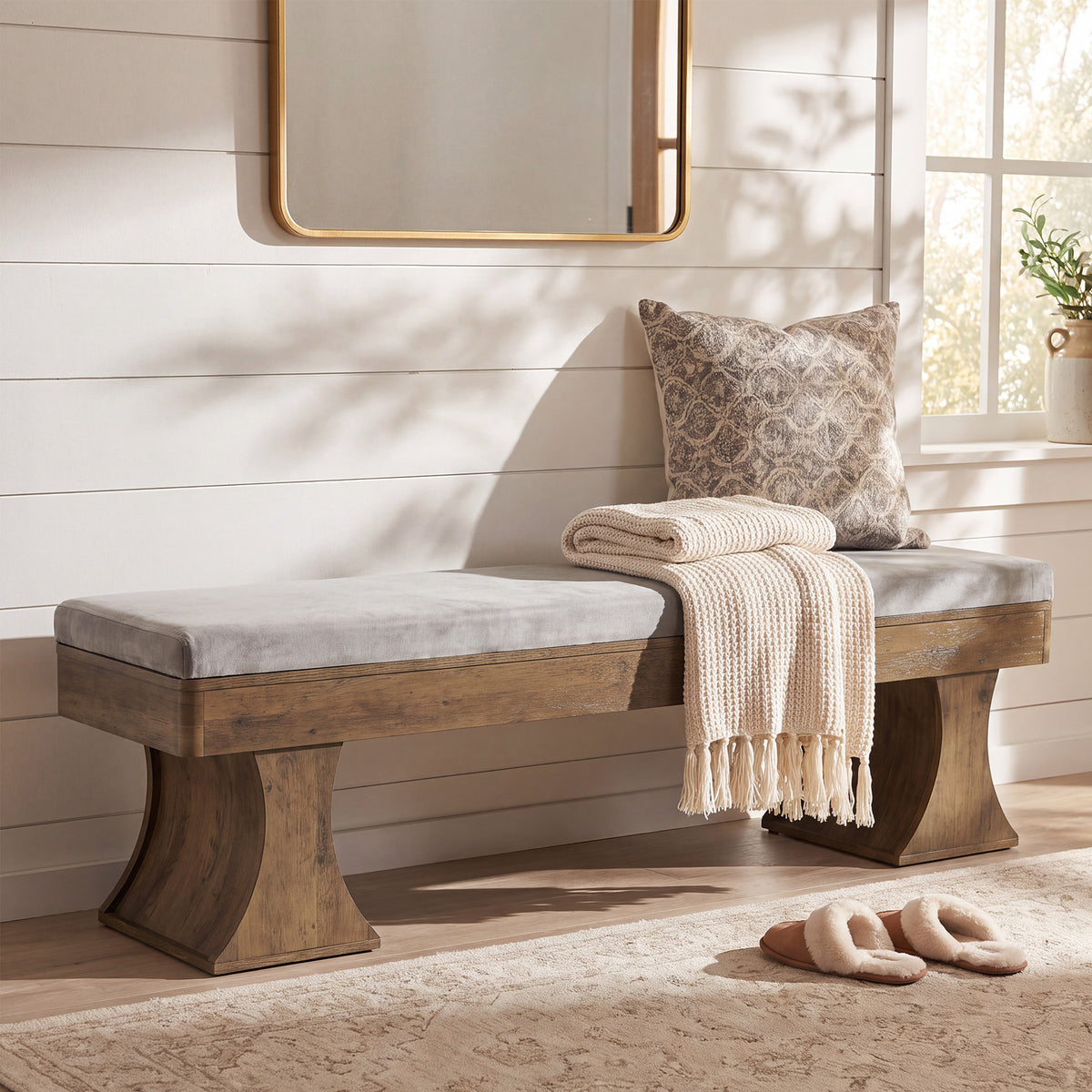 161cm Entryway Bench, Farmhouse Dining Bench with Cushion for Hallway Kitchen