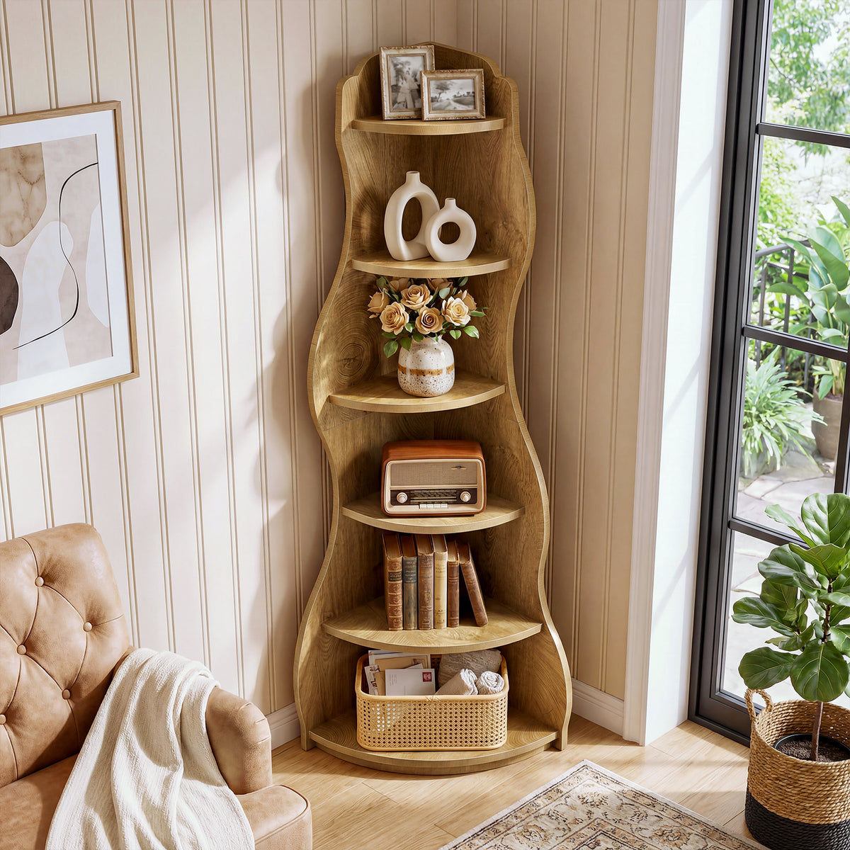 6-Tier Corner Shelf Stand,175cm Tall Bookshelf with Curvy Shape for Living Room