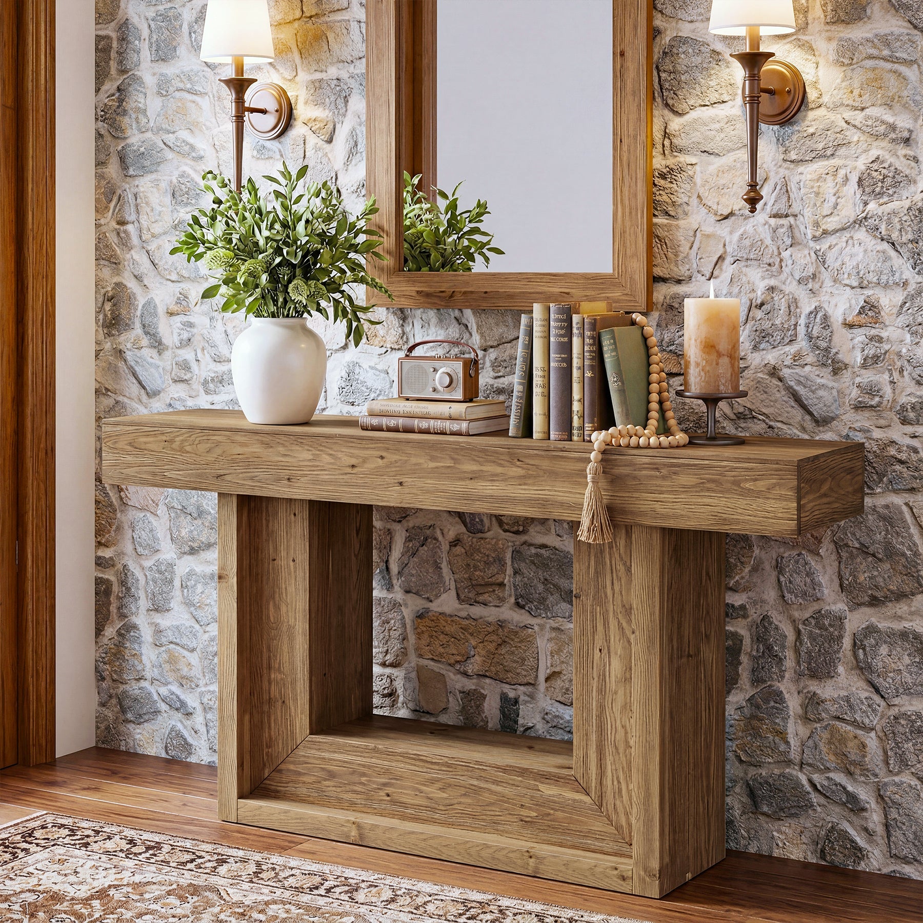 160cm Solid Wood Console Table with U-Shaped Base, Farmhouse Narrow Entryway Table with Open Storage Shelf