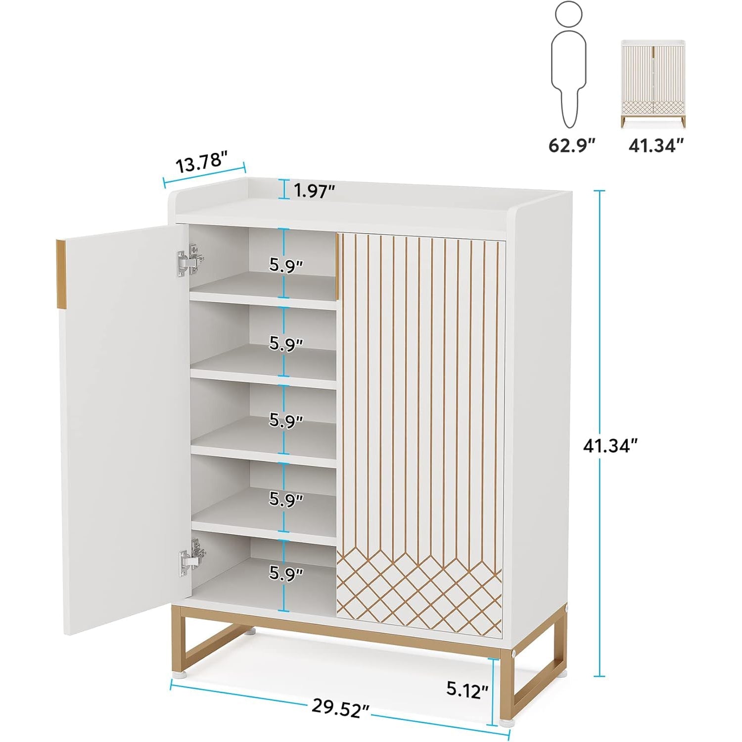 Tribesigns White 5-Tier Freestanding Wood Shoes Cabinet with Gold Metal Frame