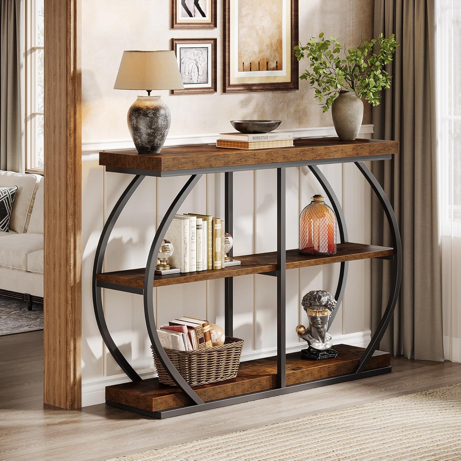 41.33" Industrial Console Table - Rustic Brown 3-Tier Entryway Shelf w/Arched Metal Frame