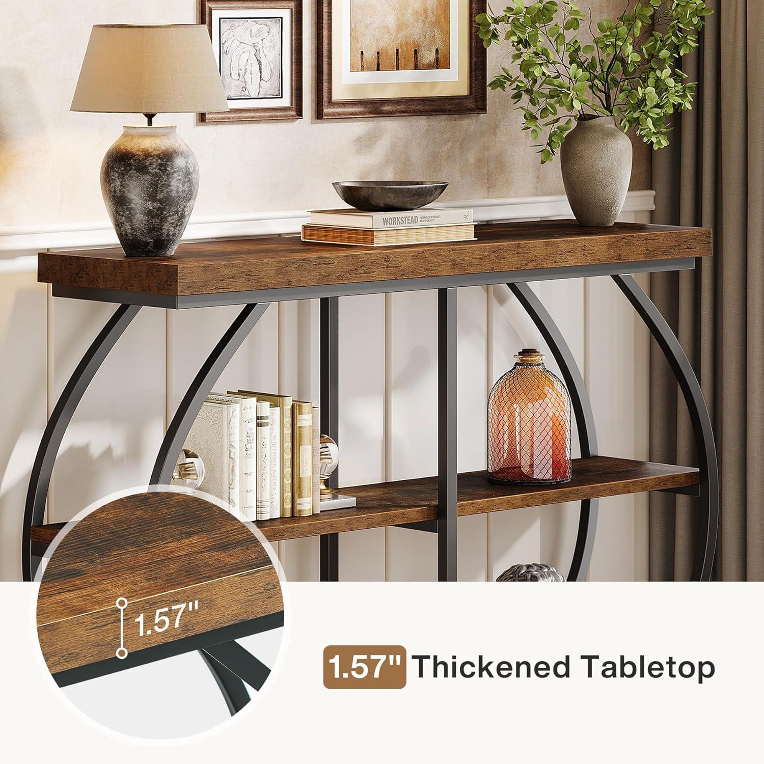 41.33" Industrial Console Table - Rustic Brown 3-Tier Entryway Shelf w/Arched Metal Frame