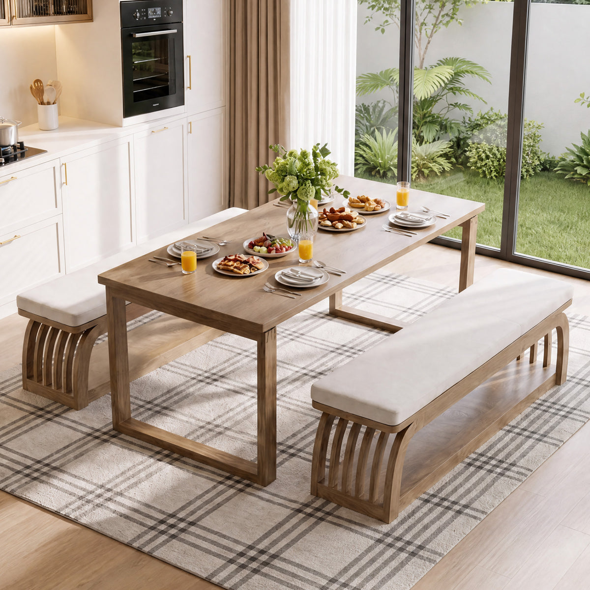 140cm Dining Bench, Upholstered 2-Tier Farmhouse Kitchen Bench with Hollow Legs