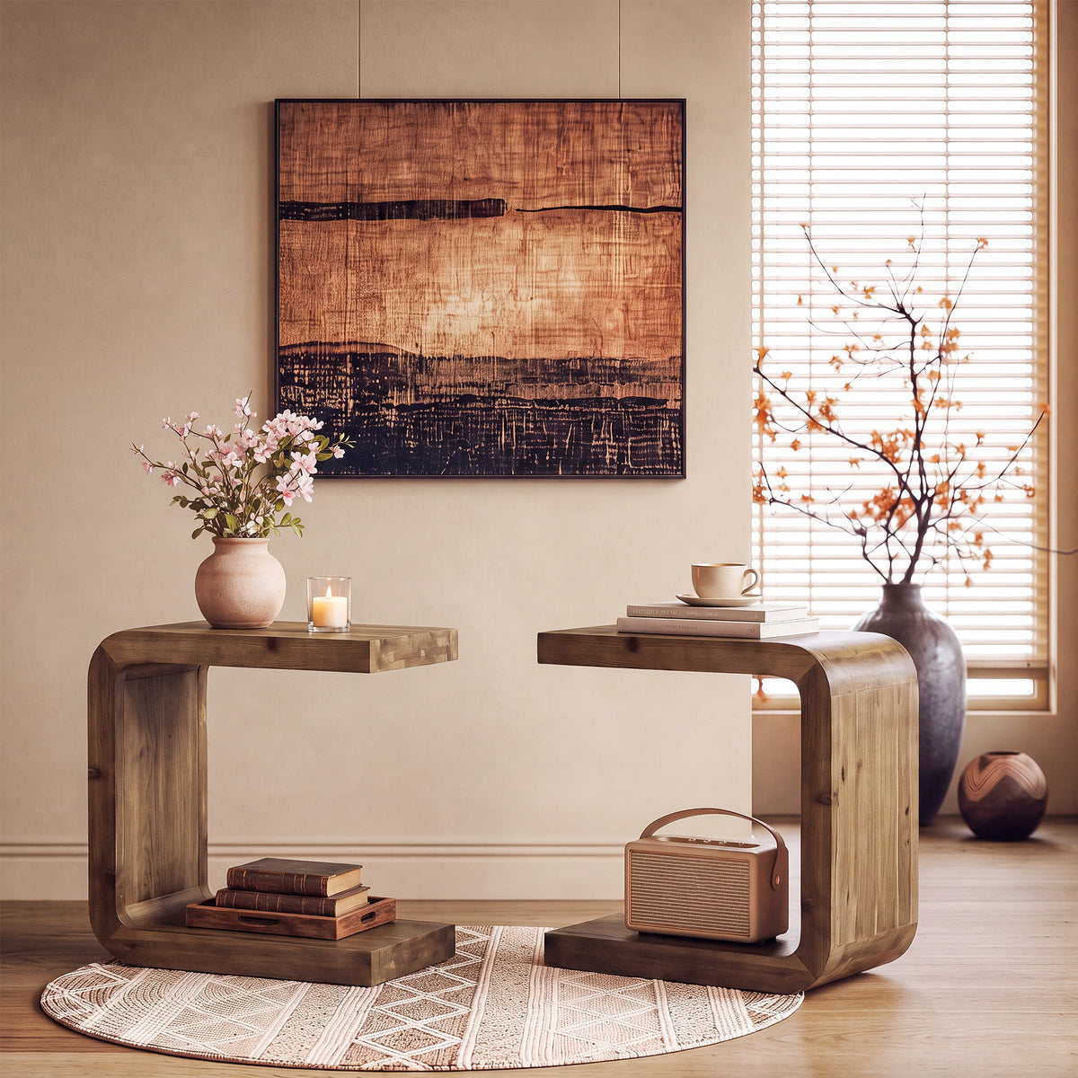 60cm C-Shaped Side Table, Solid Wood 2-Tier End Table with Storage