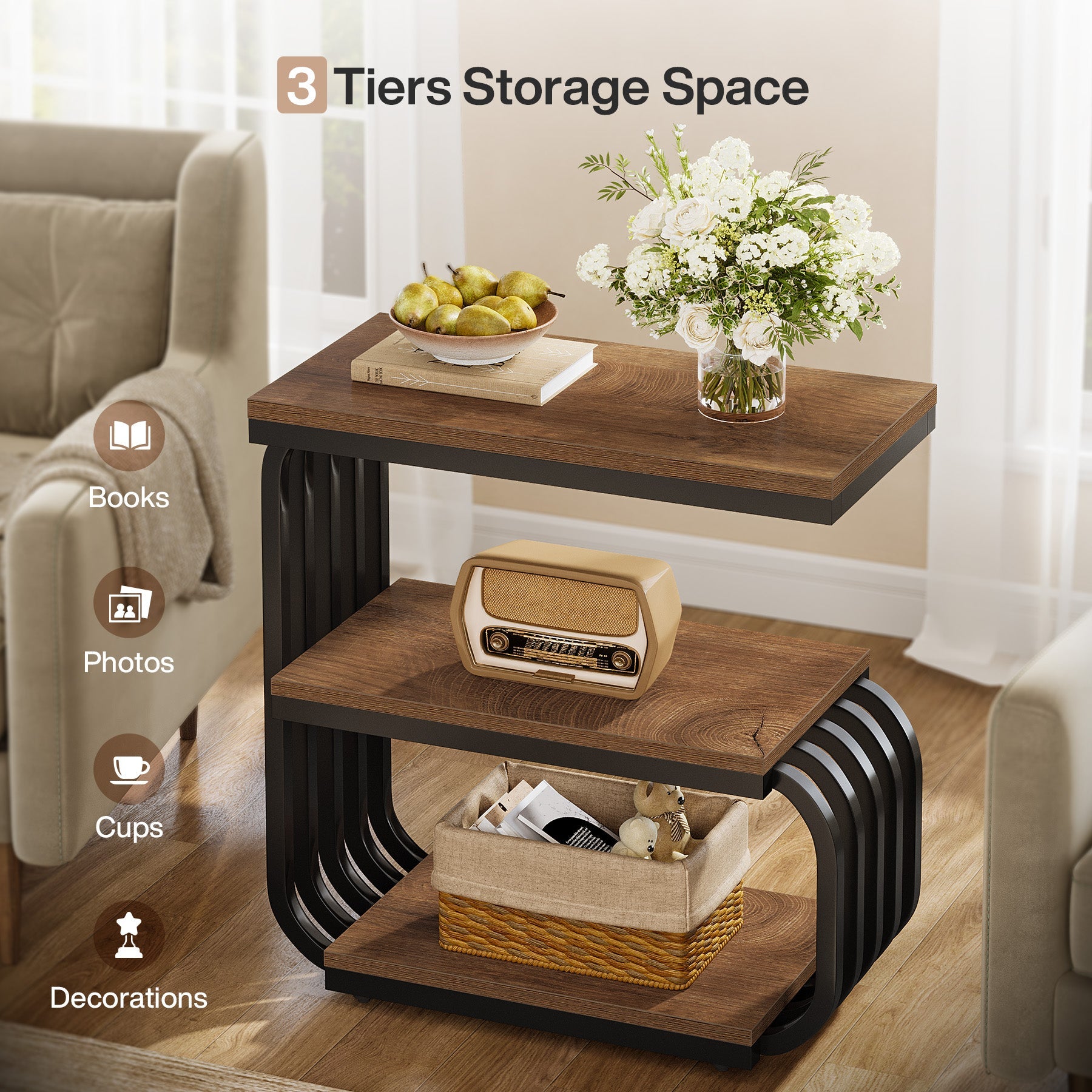 3-Tier Narrow End Table, C-Shaped Side Table for Living Room