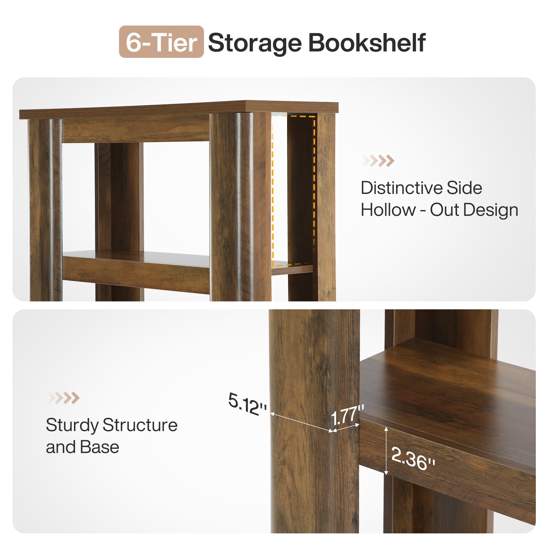 6-Tier Bookshelf, 71" Tall Bookcase Floor Standing Display Storage Shelves