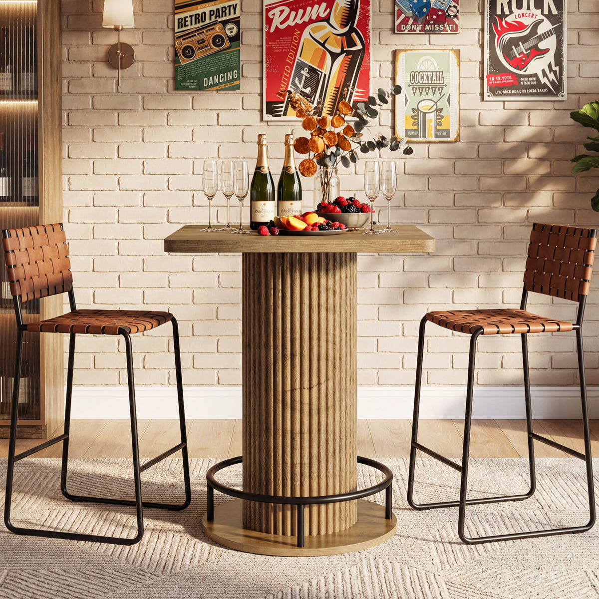 99cm Square Bar Table, Wooden Bistro Table with Footrest for Kitchen & Cafe