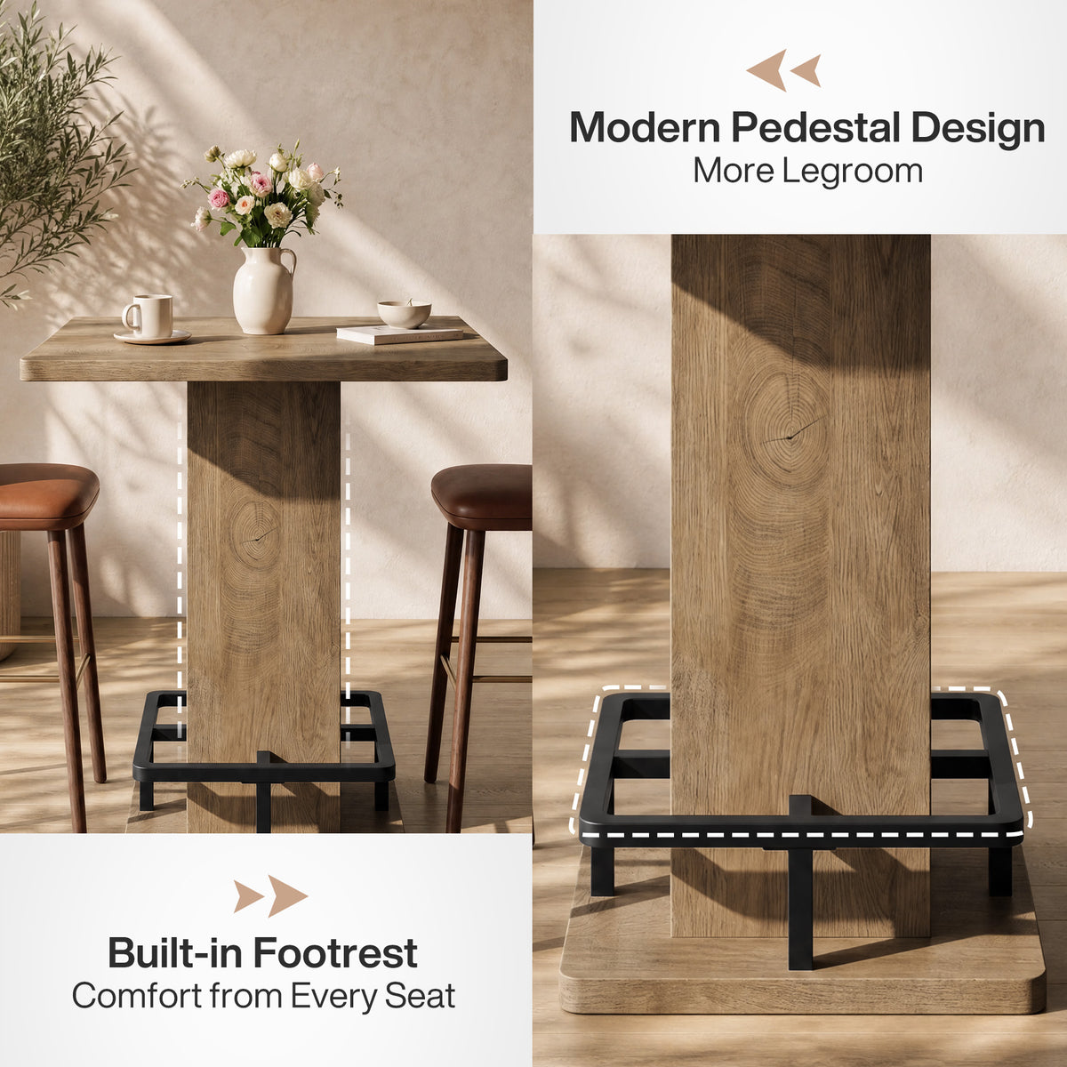 80cm Square Bar Table, Pedestal Base with Built-In Footrest for Home Bar