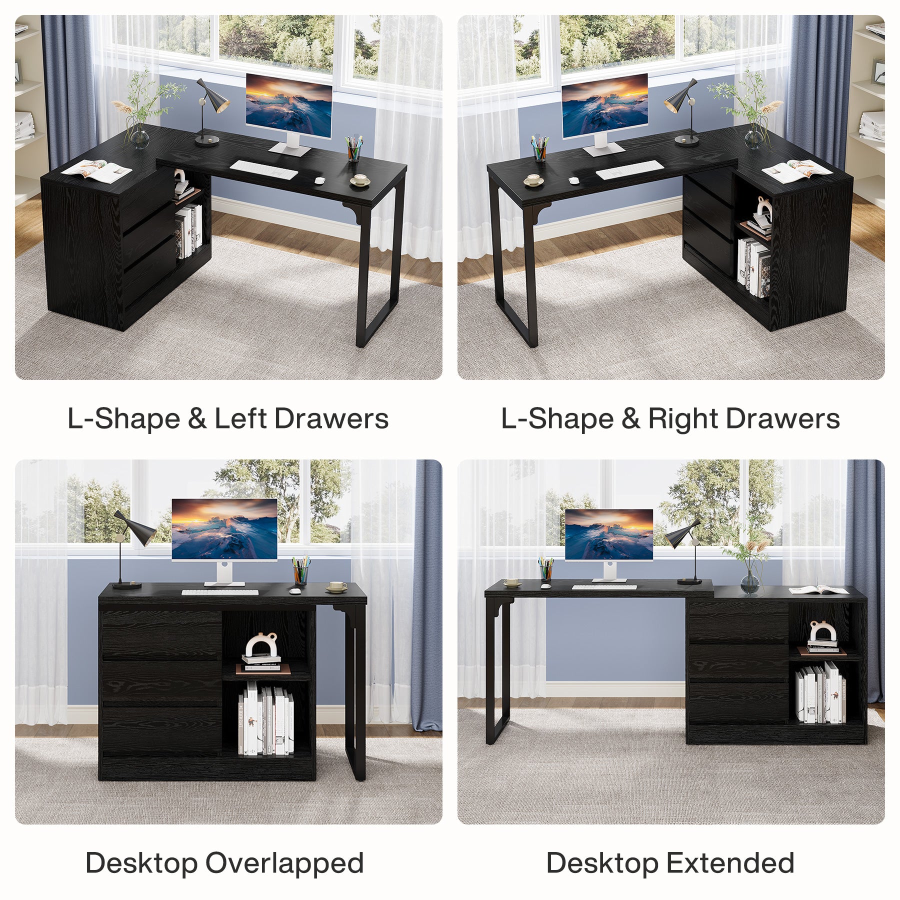 L-Shaped Computer Desk, Reversible Corner Desk With Drawer Cabinet