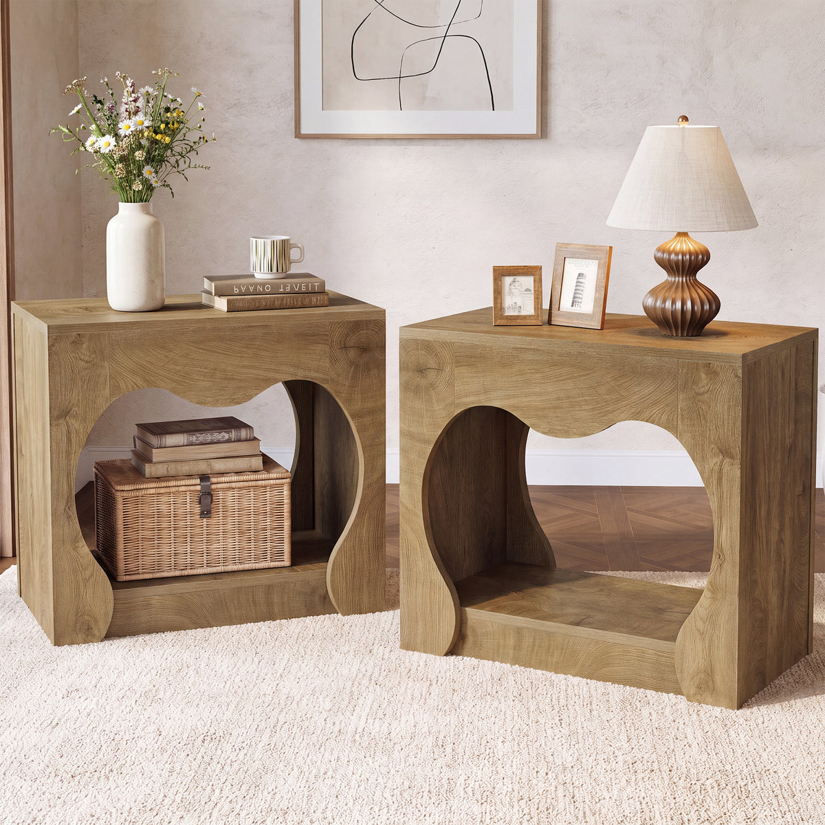 60cm End Table, 2-Tier Farmhouse Side Table with Storage Shelves & Curved Arch