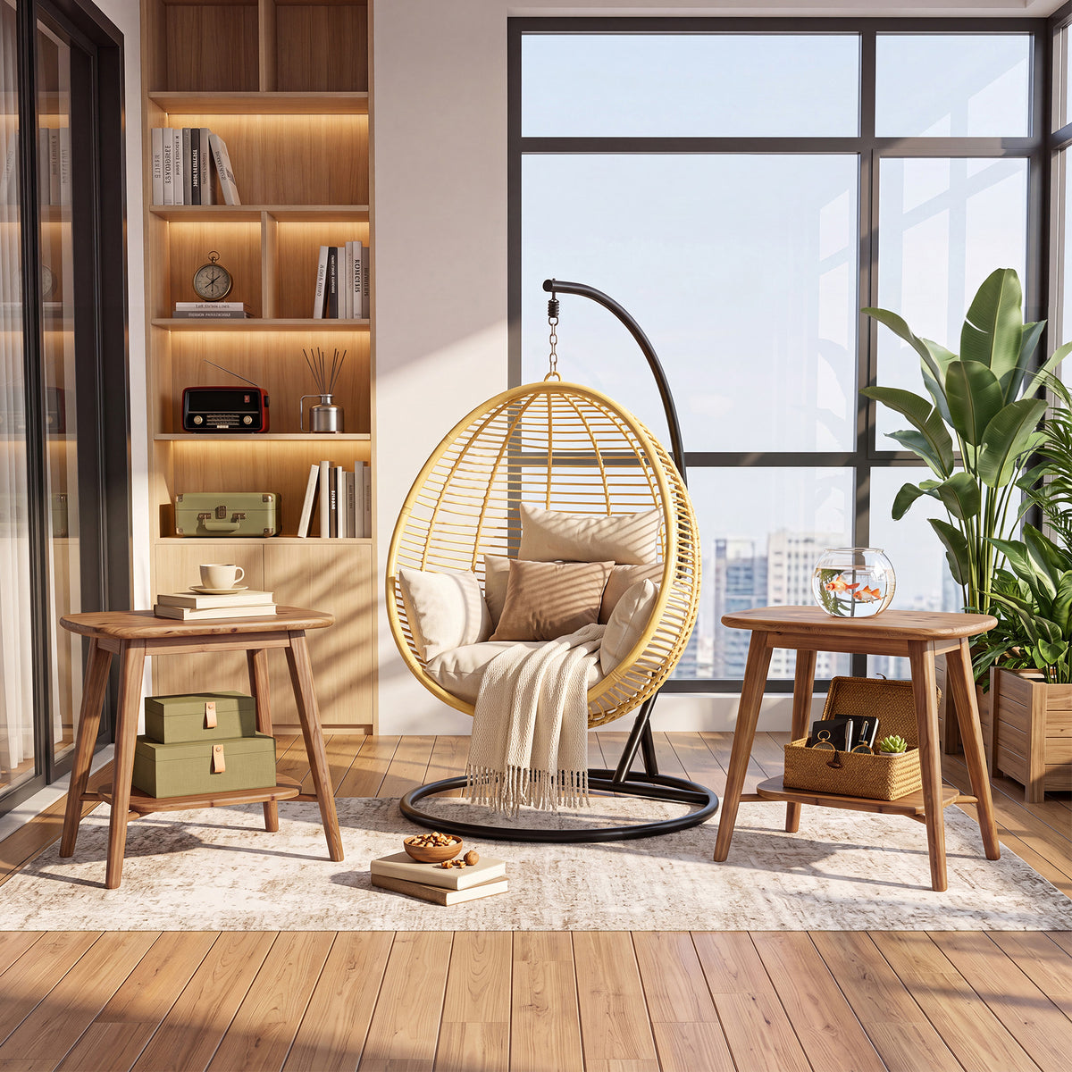 50cm End Table, Farmhouse 2-Tier Solid Wood Side Table with Rounded Corners