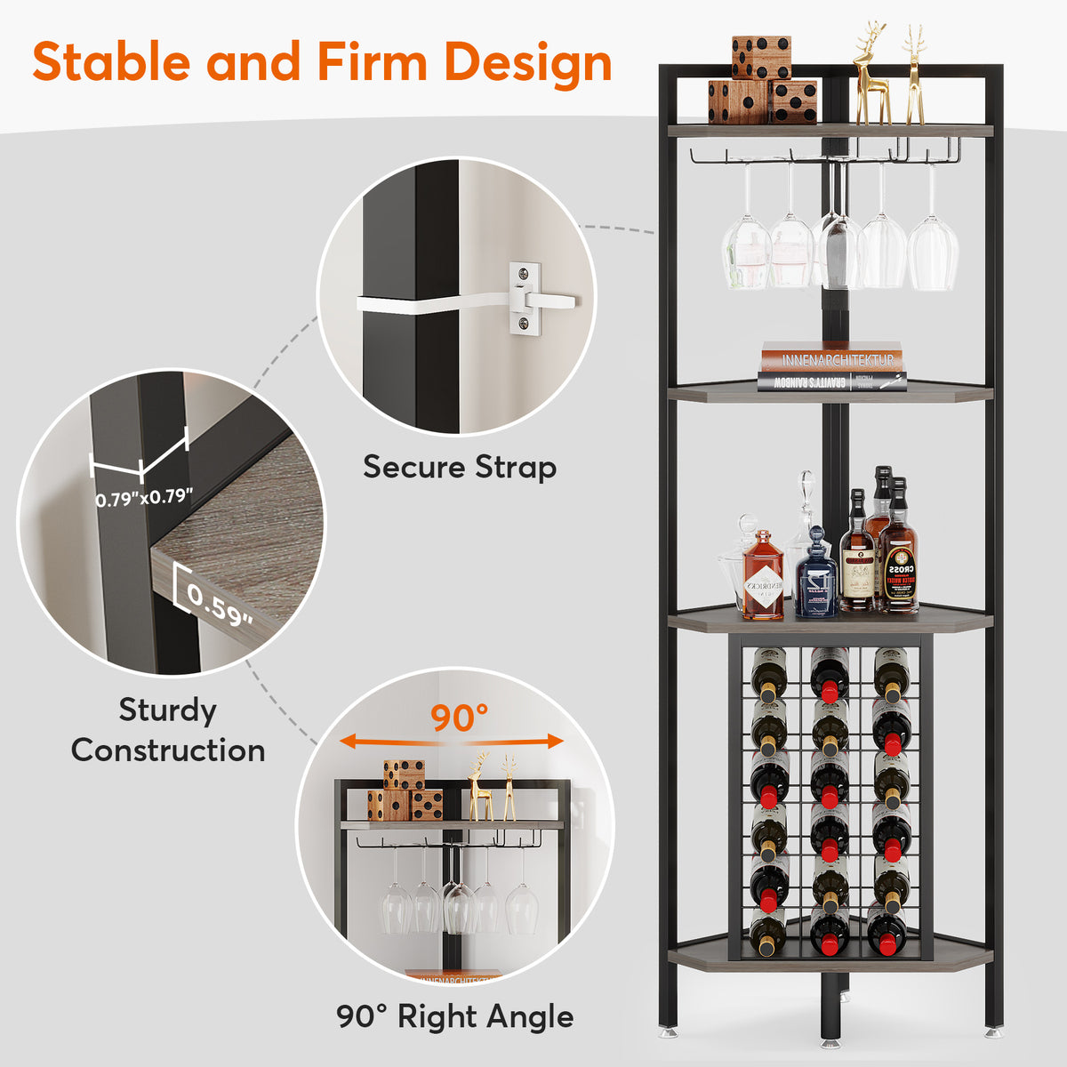 161cm Corner Wine Rack, 4-Tier Industrial Shelf with Glass Holder