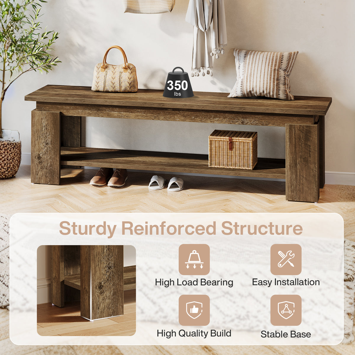 Tribesigns 160cm Entryway Bench, Farmhouse Shoe Bench with Storage Shelf