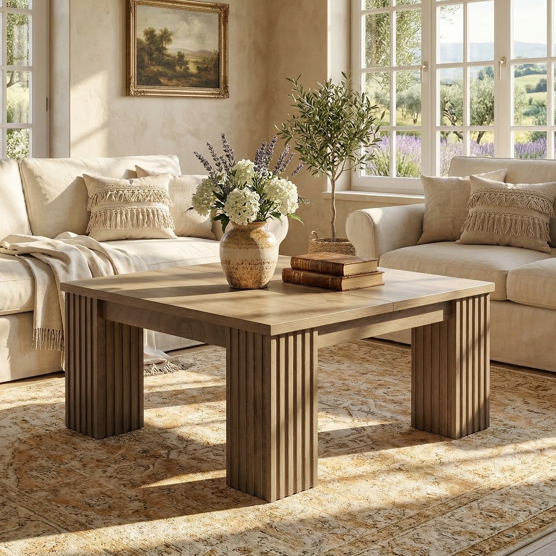 100cm Square Coffee Table, Farmhouse Center Table with Fluted Legs