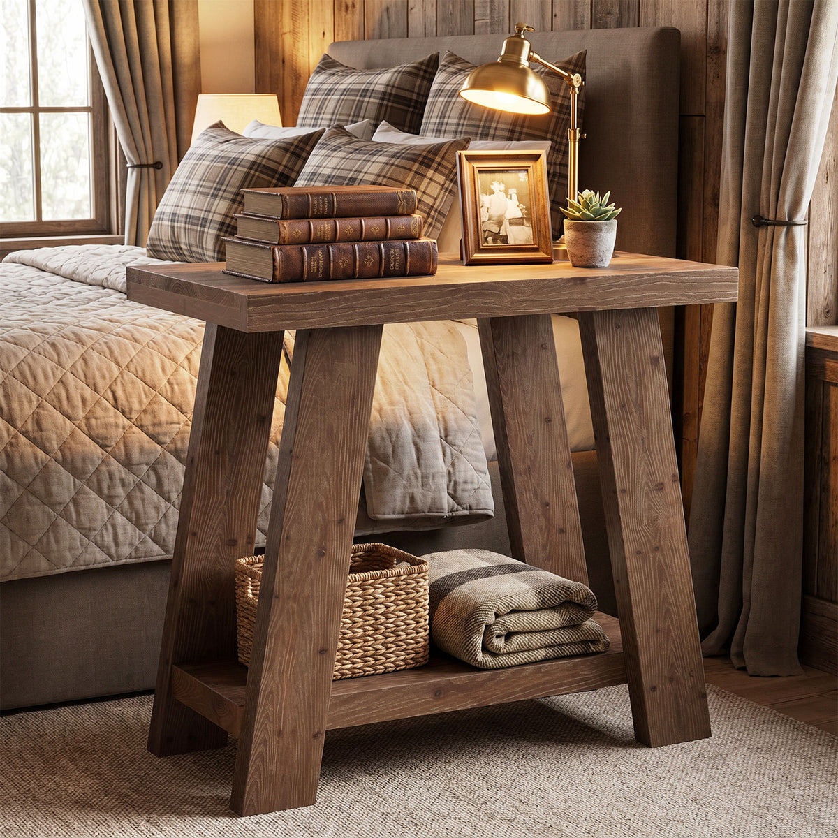 70cm Side Table, Solid Wood 2-Tier Nightstand with Storage for Living Room Bedroom
