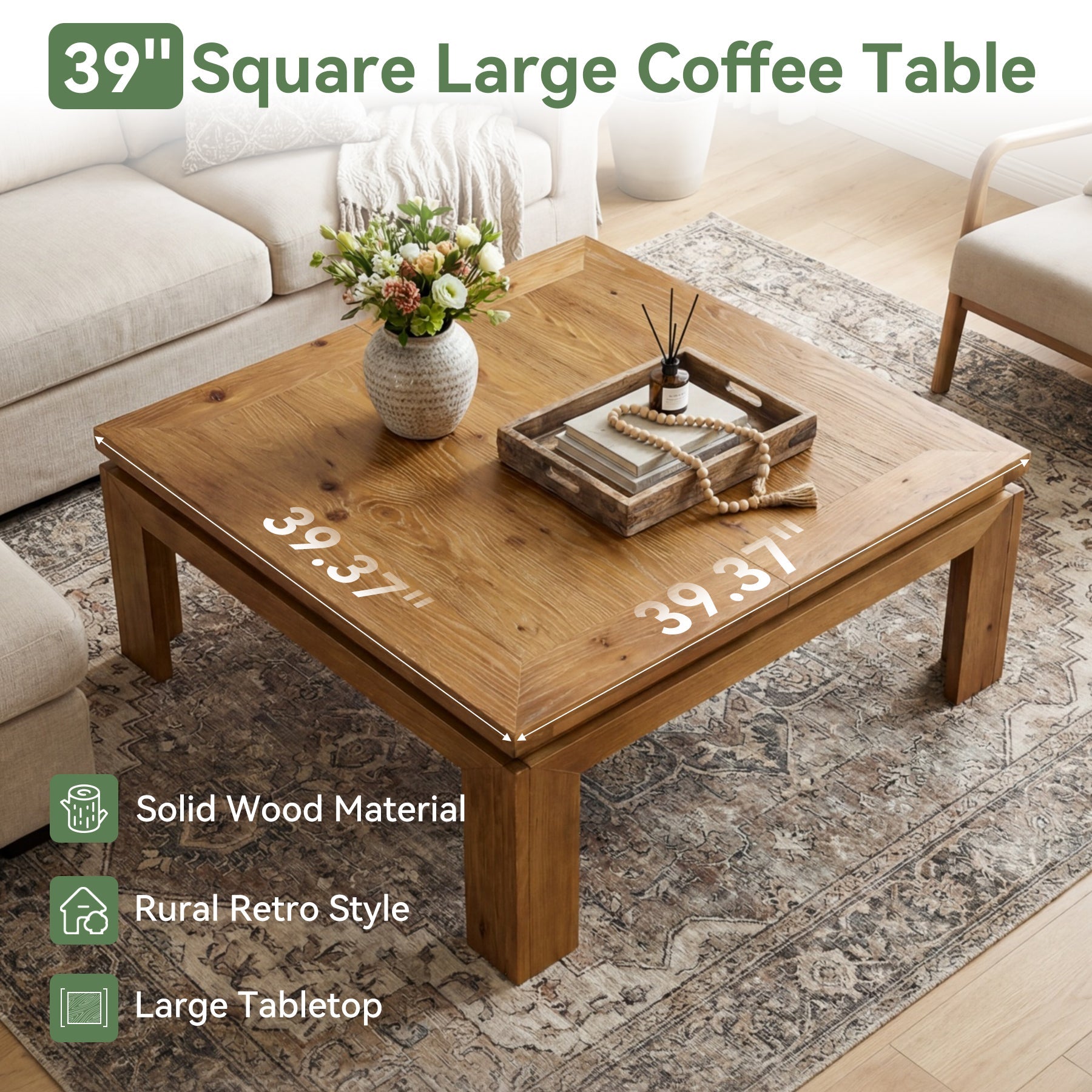 39.4" Solid Wood Coffee Table with Recessed Edge, Square Farmhouse Center Table for Living Room
