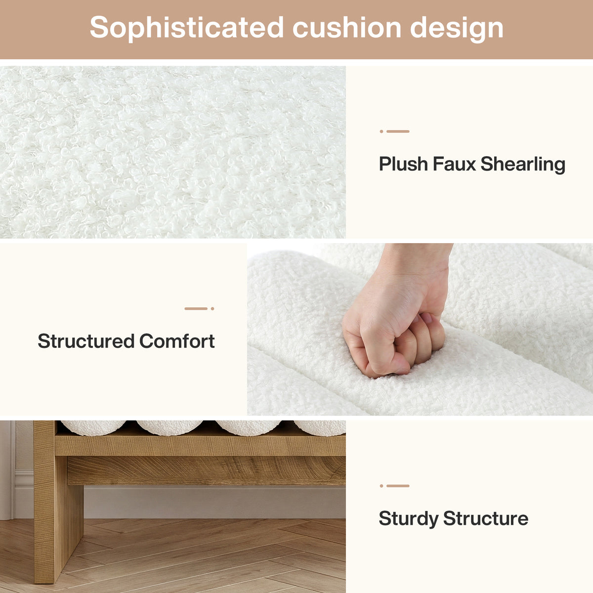 150cm Entryway Bench, Upholstered Boucle Cushion End of Bed Bench for Hallway