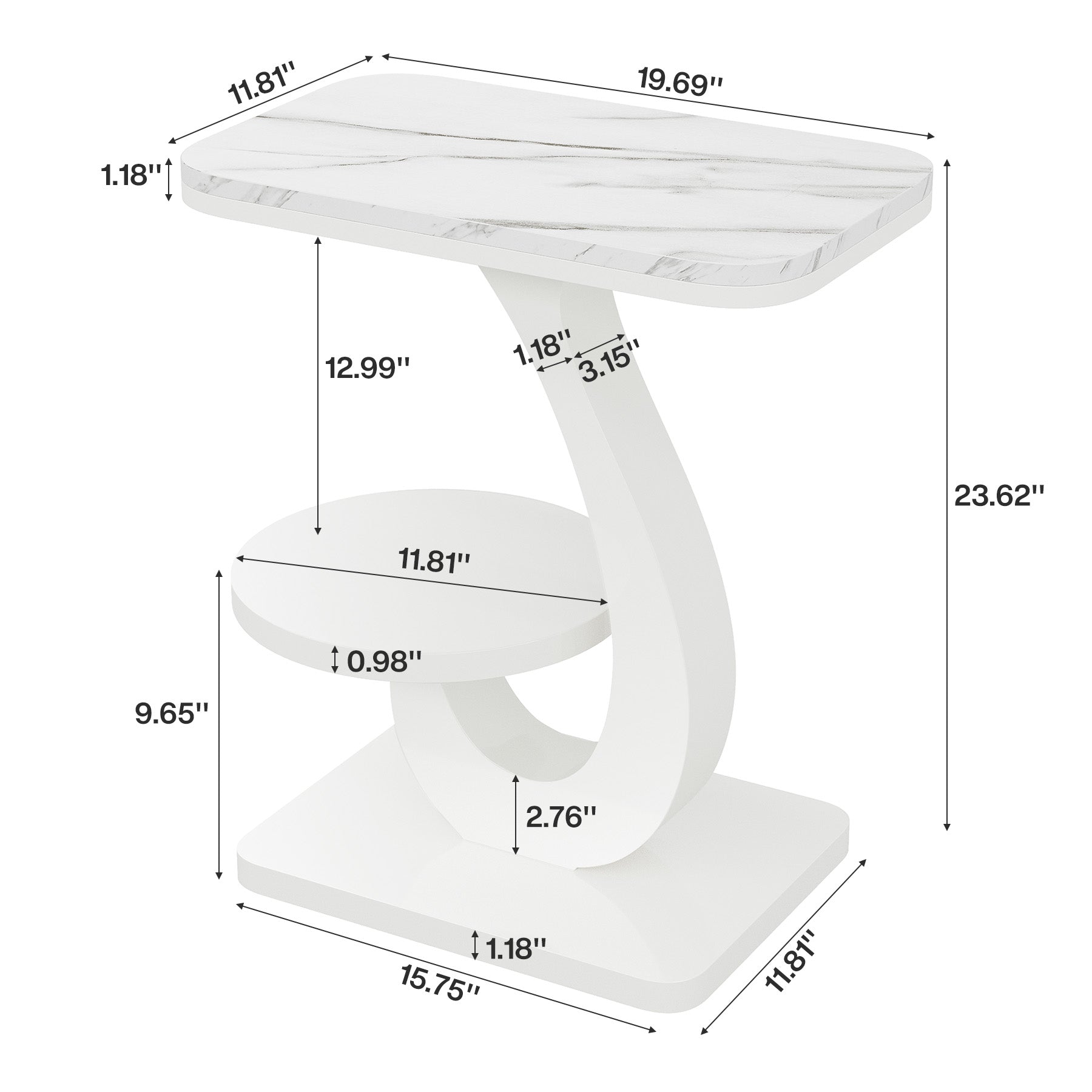 23.62" C-Shaped End Table with Faux Marble Top, Modern 2-Tier Side Table for Sofa and Bed