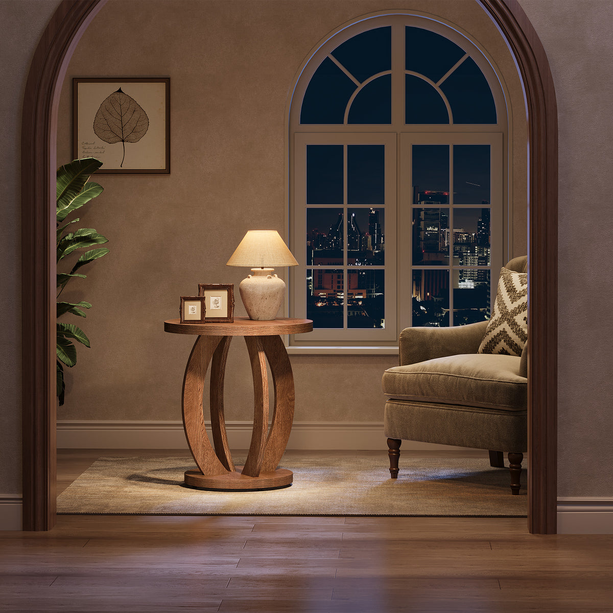60cm Round End Table, Rustic Side Table with Storage for Living Room
