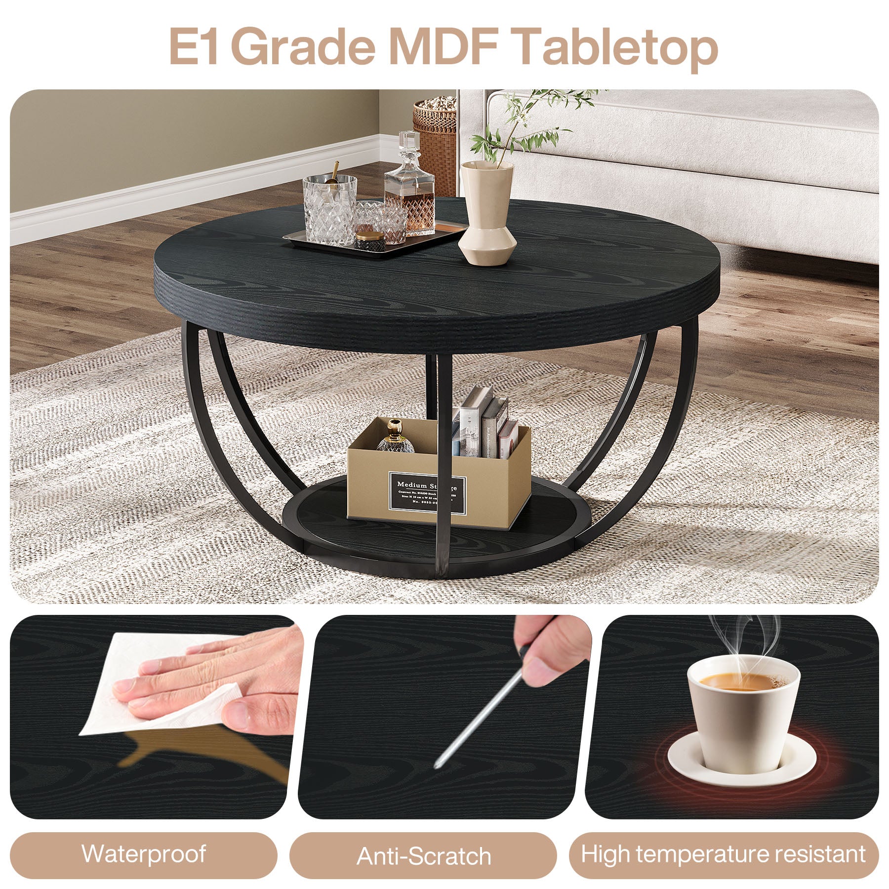 31.69" Round Wooden Coffee Table, 2-Tier Central Cocktail Table with Shelves