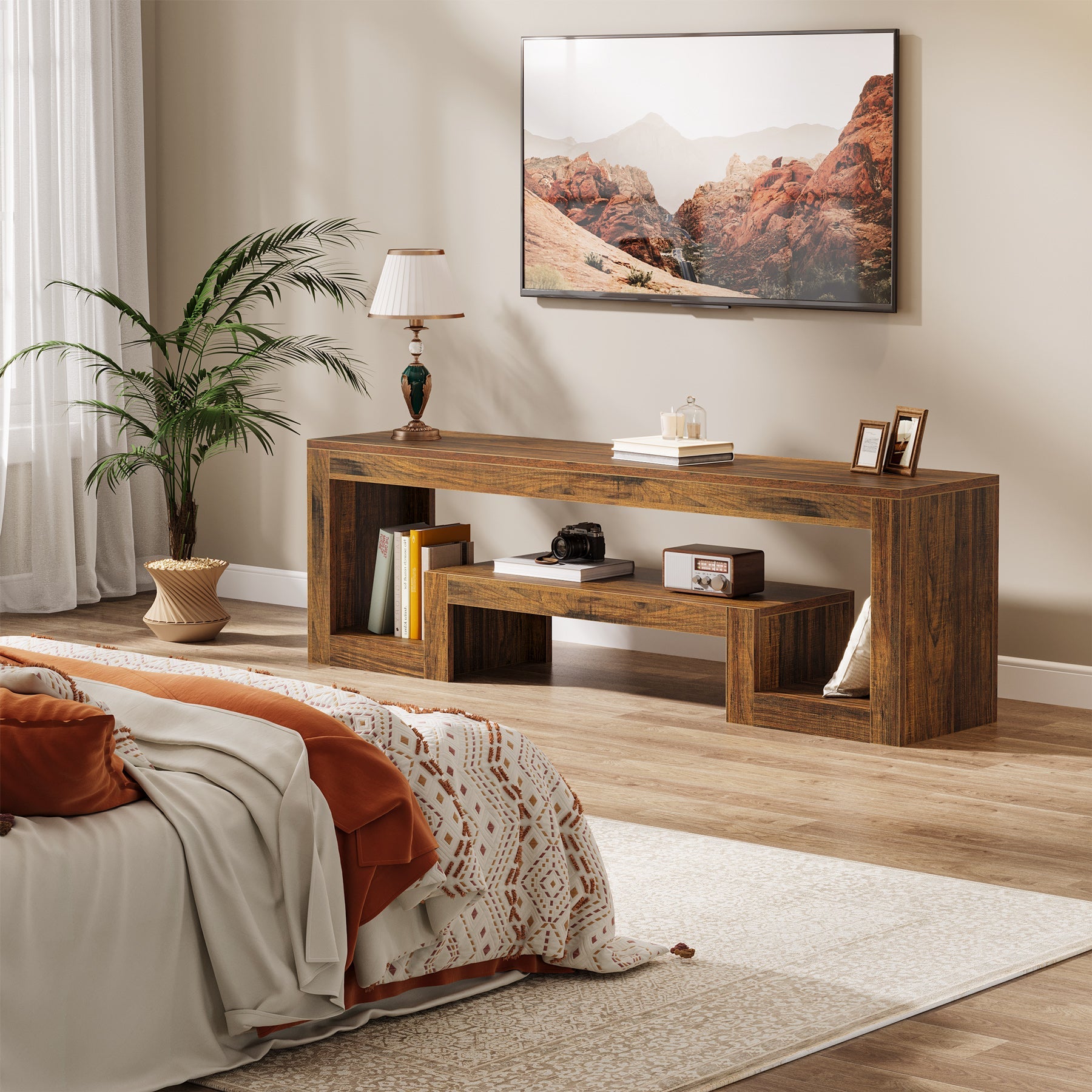 63” TV Stand, Farmhouse Entertainment Center with Open Storage Shelves for Living Room