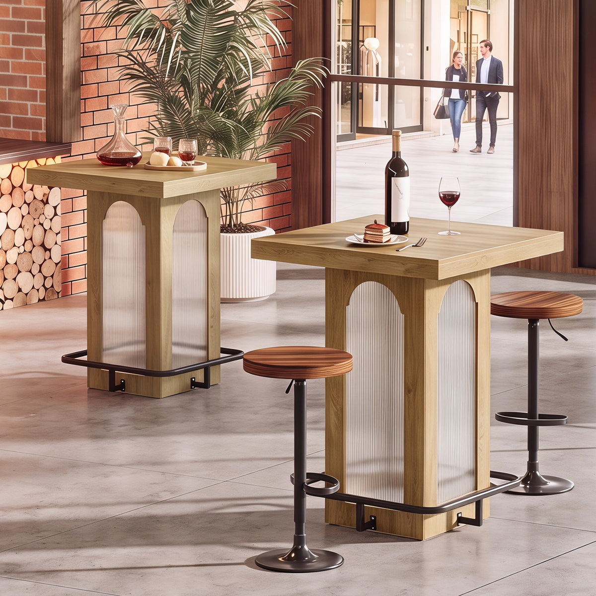 100cm Bar Table, Square High Top with RGB Light & Metal Footrest for Kitchen Home Bar