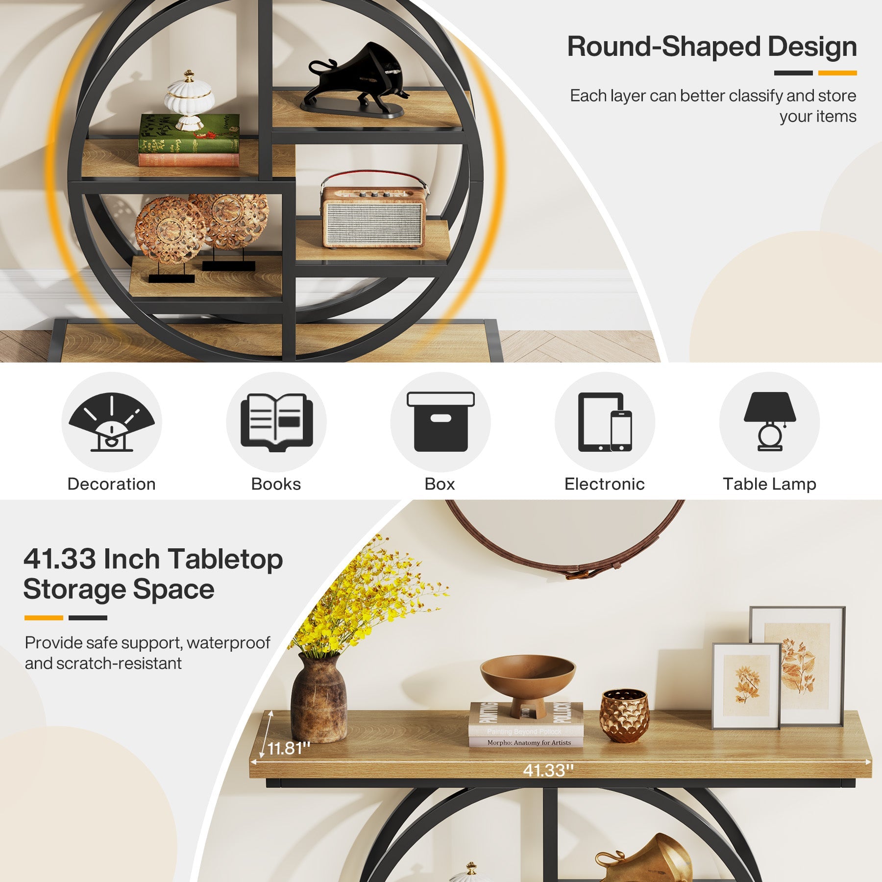 41" Industrial Console Table, Narrow 6-Tier Sofa Entryway Table with Circle Base