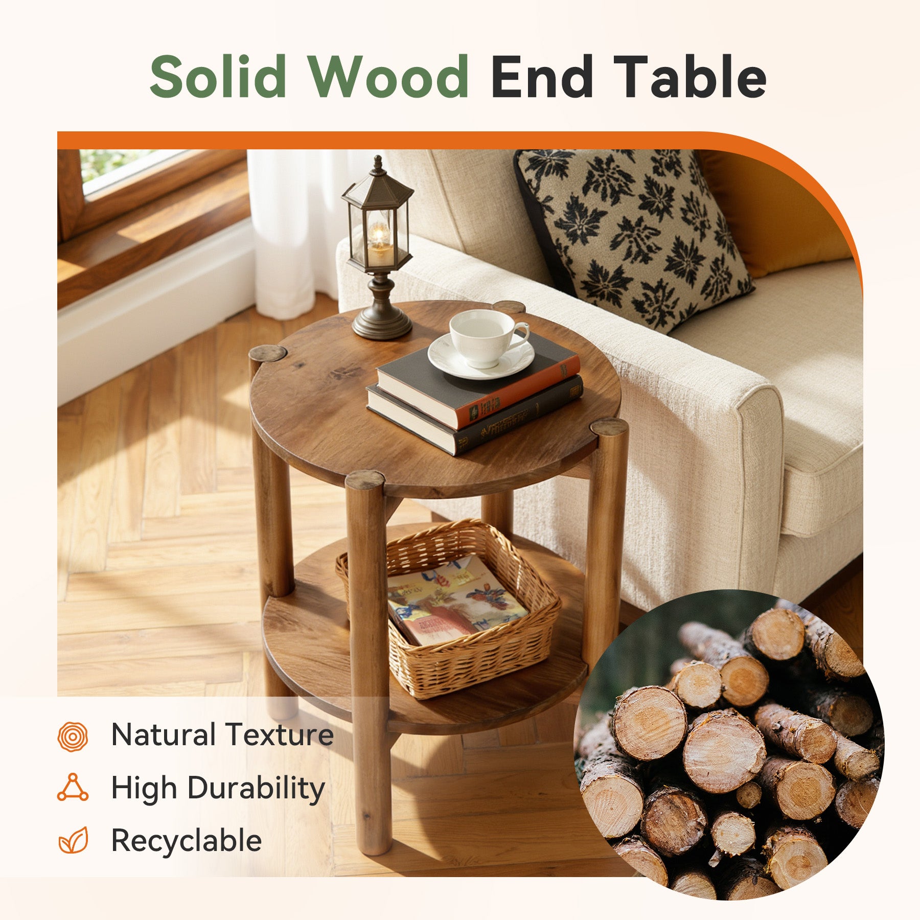 50cm Solid Wood Round Bedside Table, 2-Tier Small Side Table with Storage Shelf