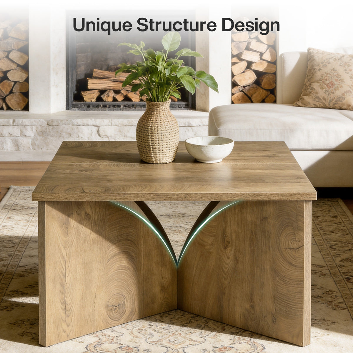 80cm Square Coffee Table, Rustic Wooden Living Room Table with Sturdy Base