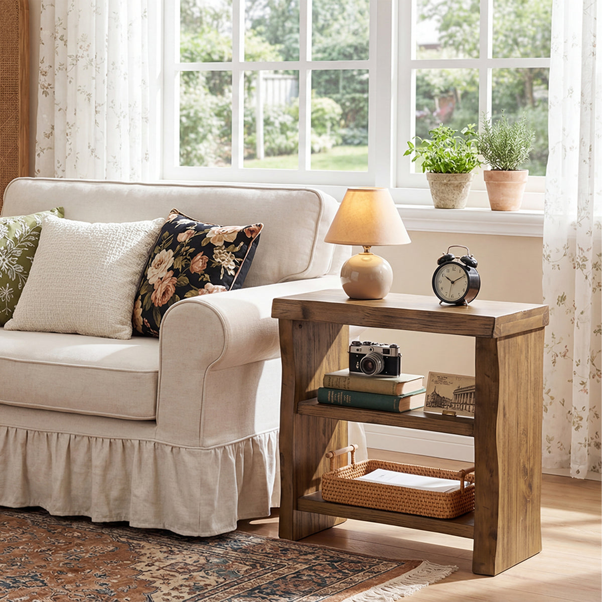 60cm End Table, 3-Tier Solid Wood Narrow Side Table with Live Edge Design for Living Room