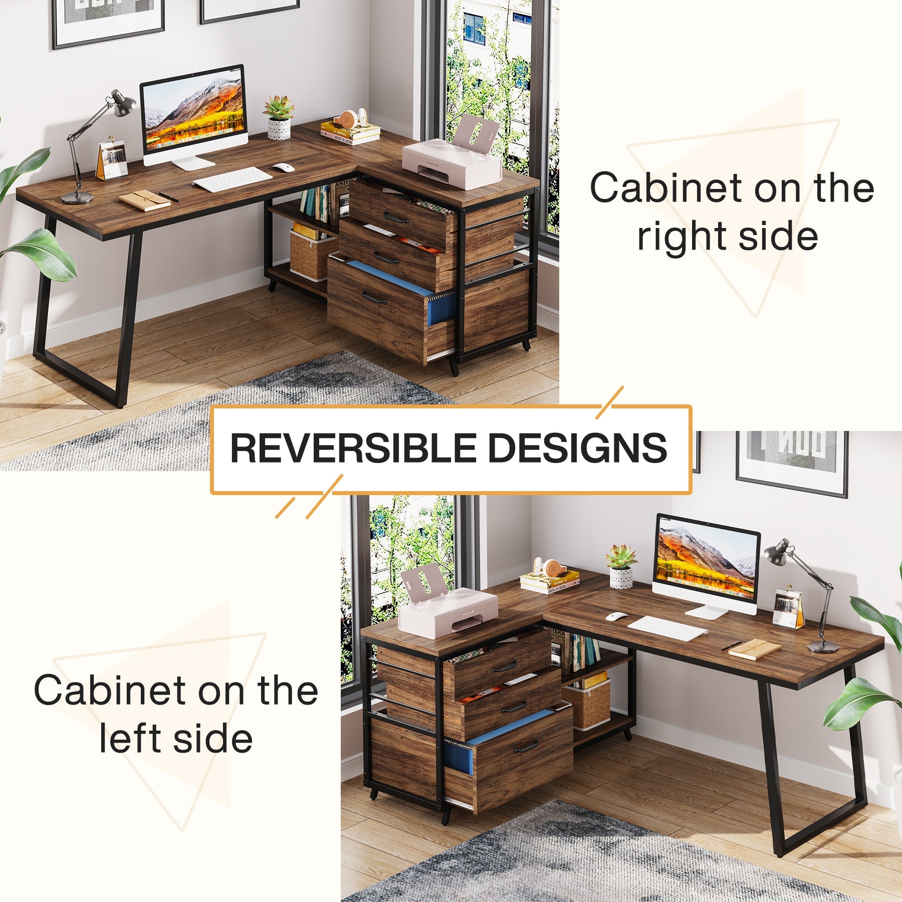 53" Reversible L-Shaped Computer Desk with 3 Drawers and Shelves
