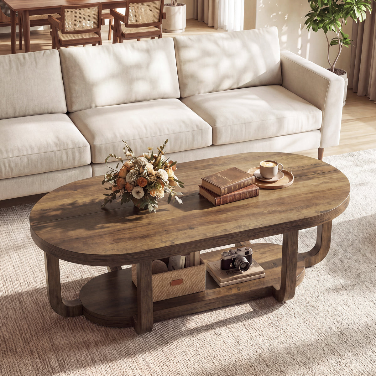 140cm Oval Coffee Table, 2-Tier Storage with Curved Leg Design for Living Room