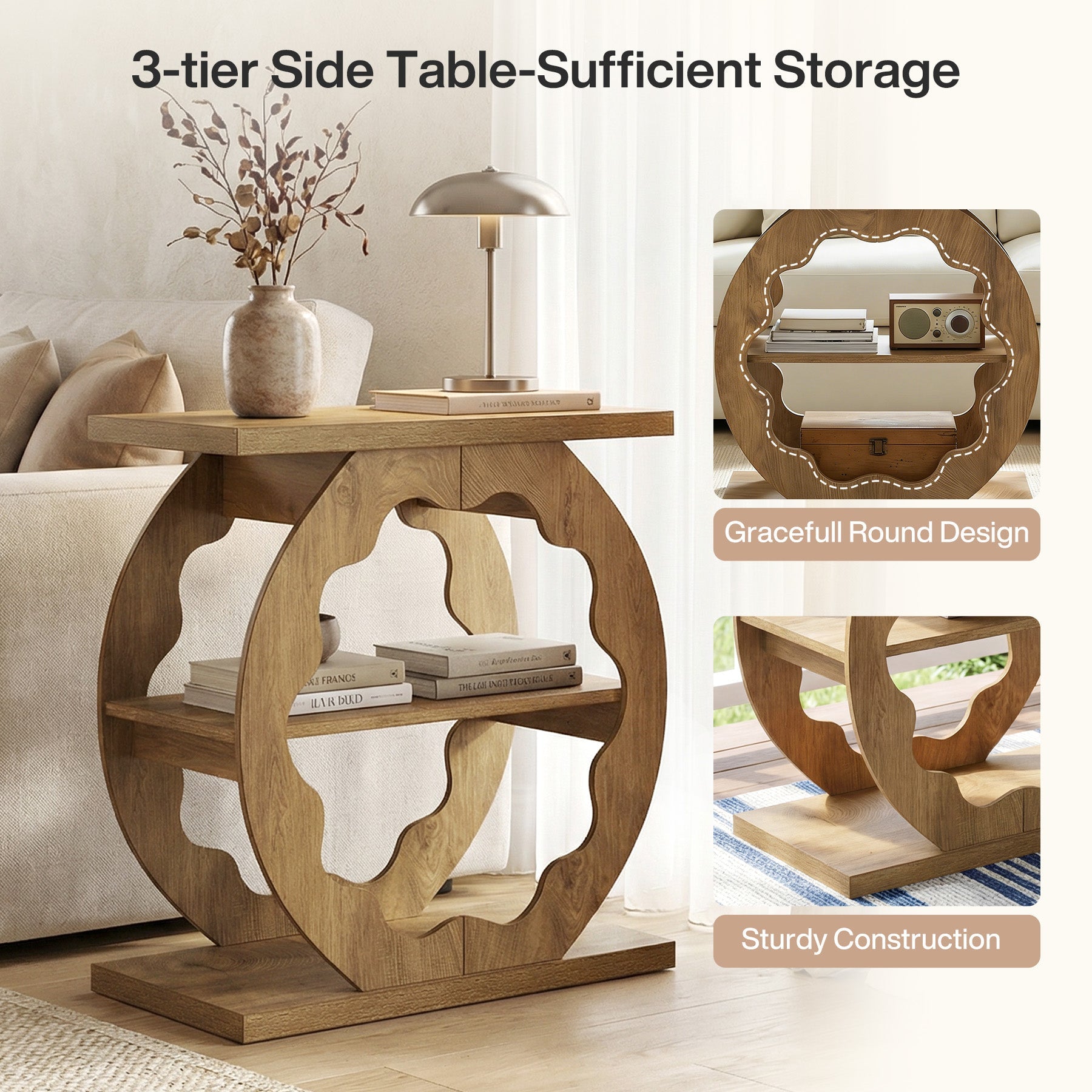 60cm 3-Tier End Table with Storage Shelves, Narrow Side Table for Living Room