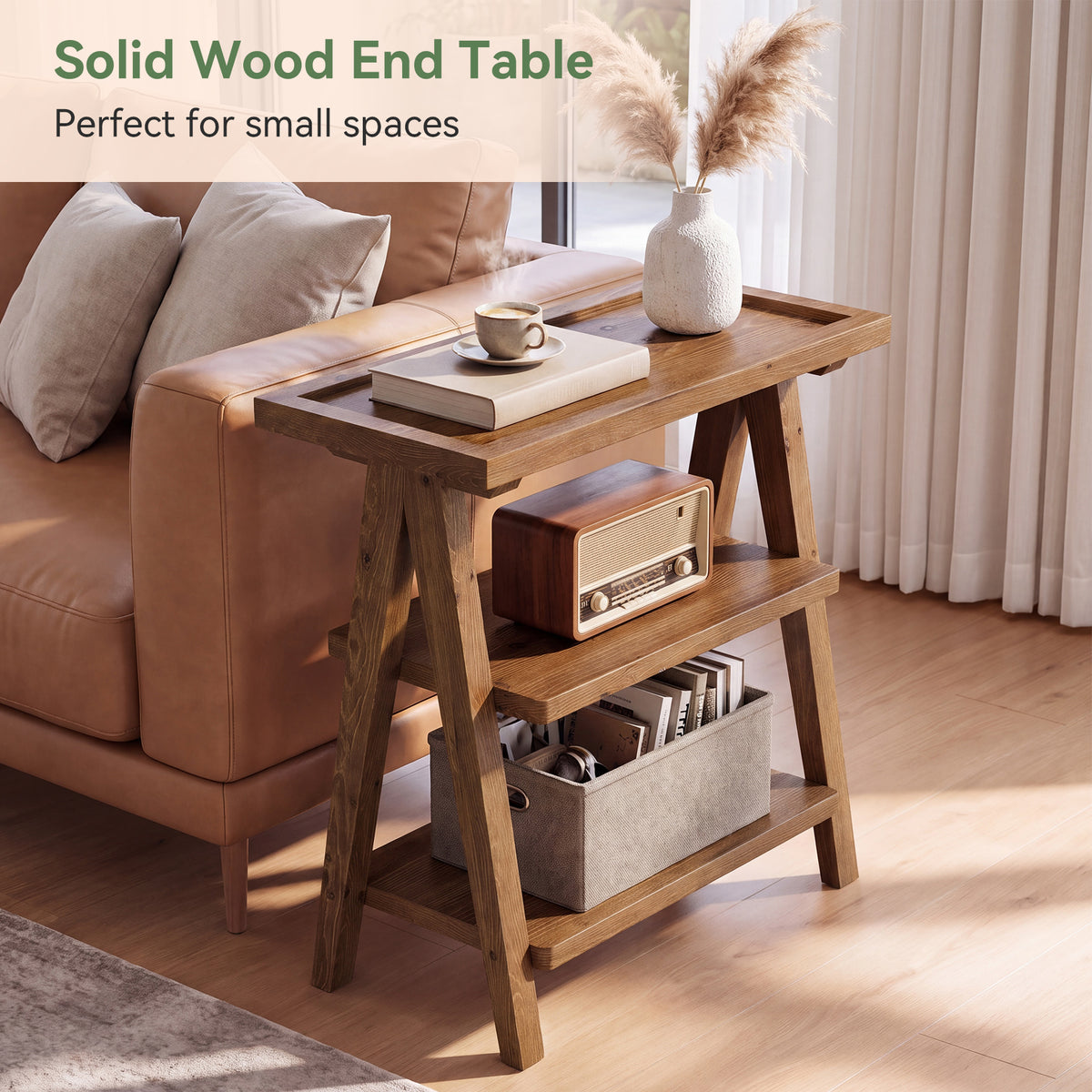 65cm Narrow Side Table, 3-Tier Solid Wood for Living Room