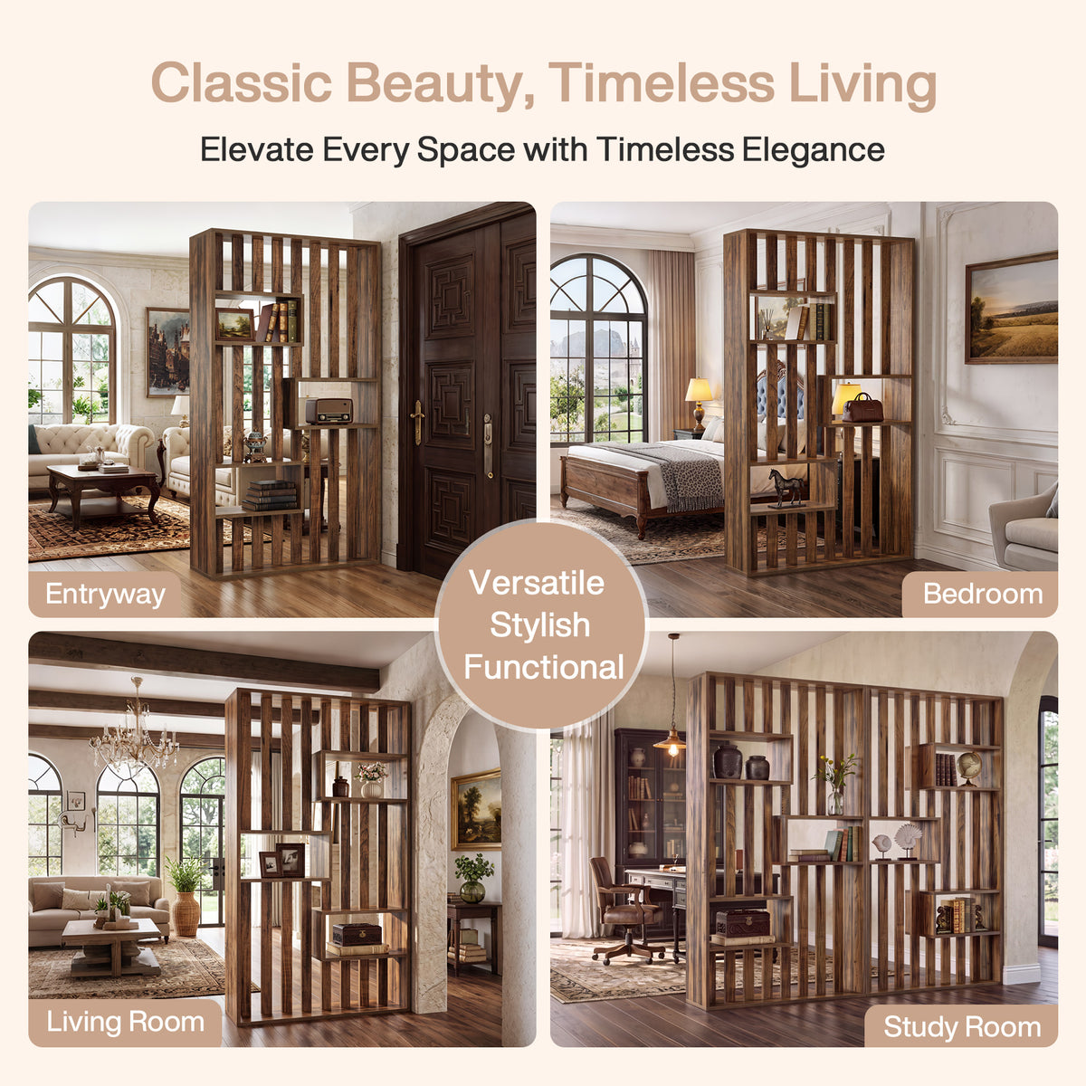 180cm Room Divider, Freestanding Slatted Partition with Built-in Shelves
