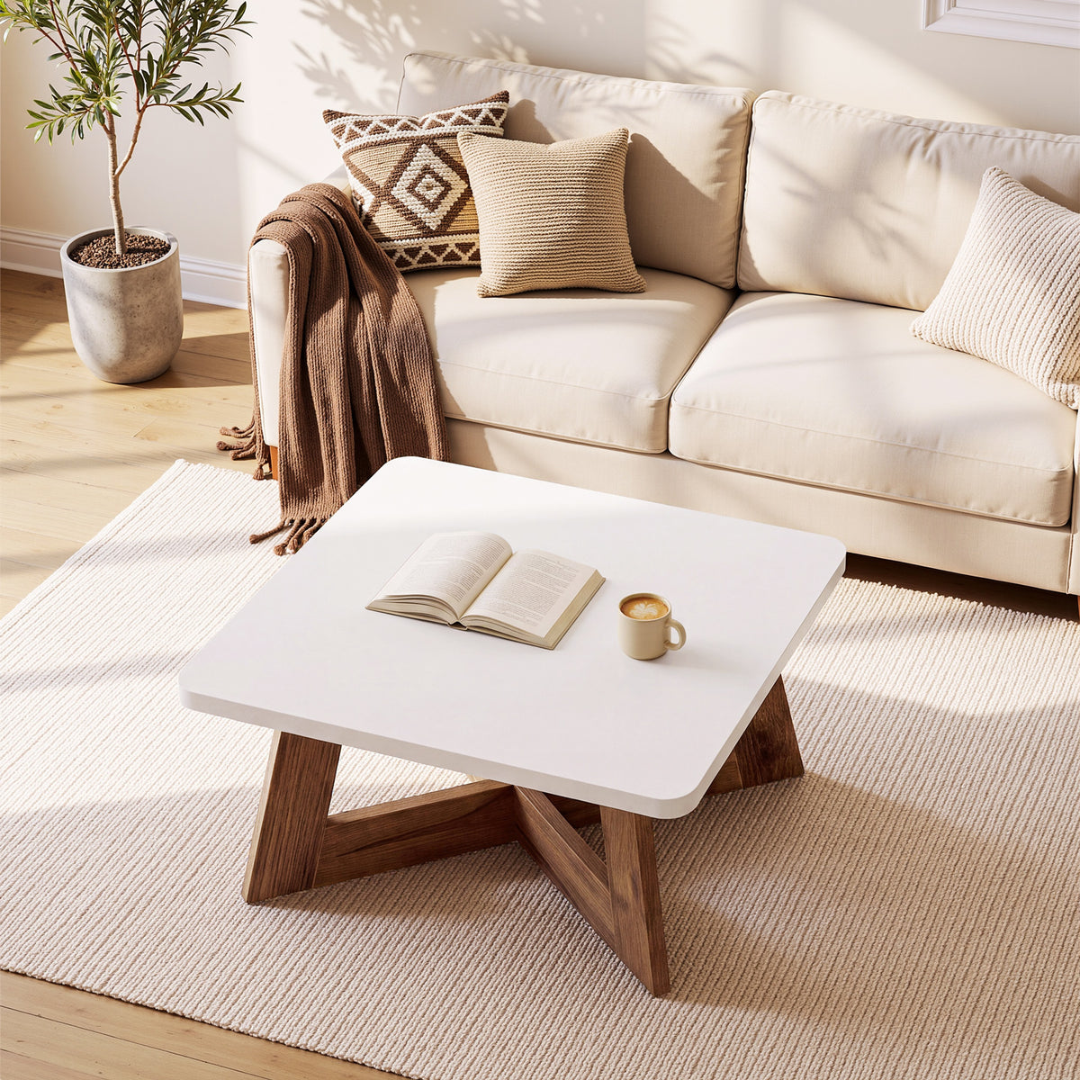 80cm Square Coffee Table, Modern White Centre Table with Cross Base for Living Room
