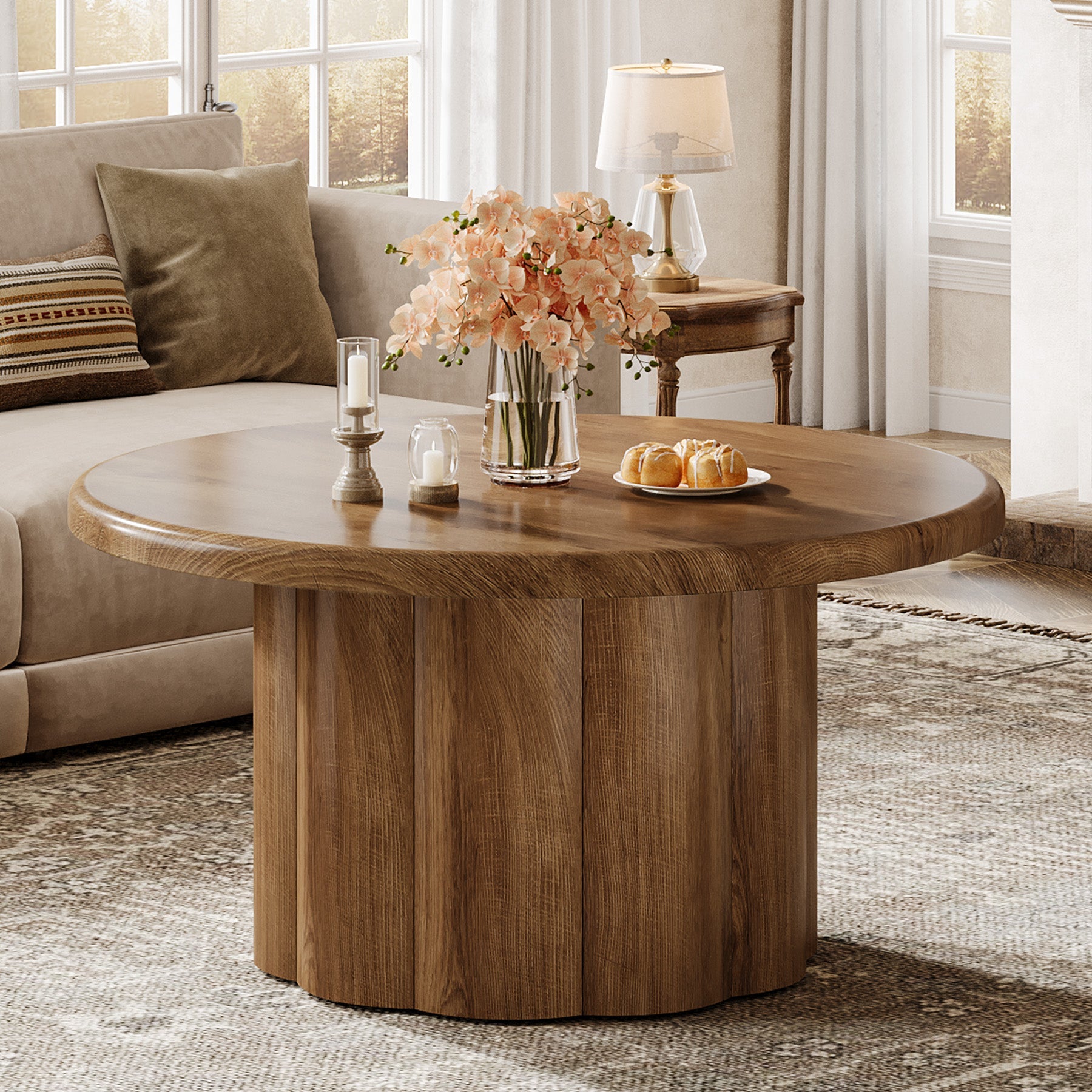 31.5" Rustic Fluted Drum Table, Round Farmhouse Center Table for Cozy Living