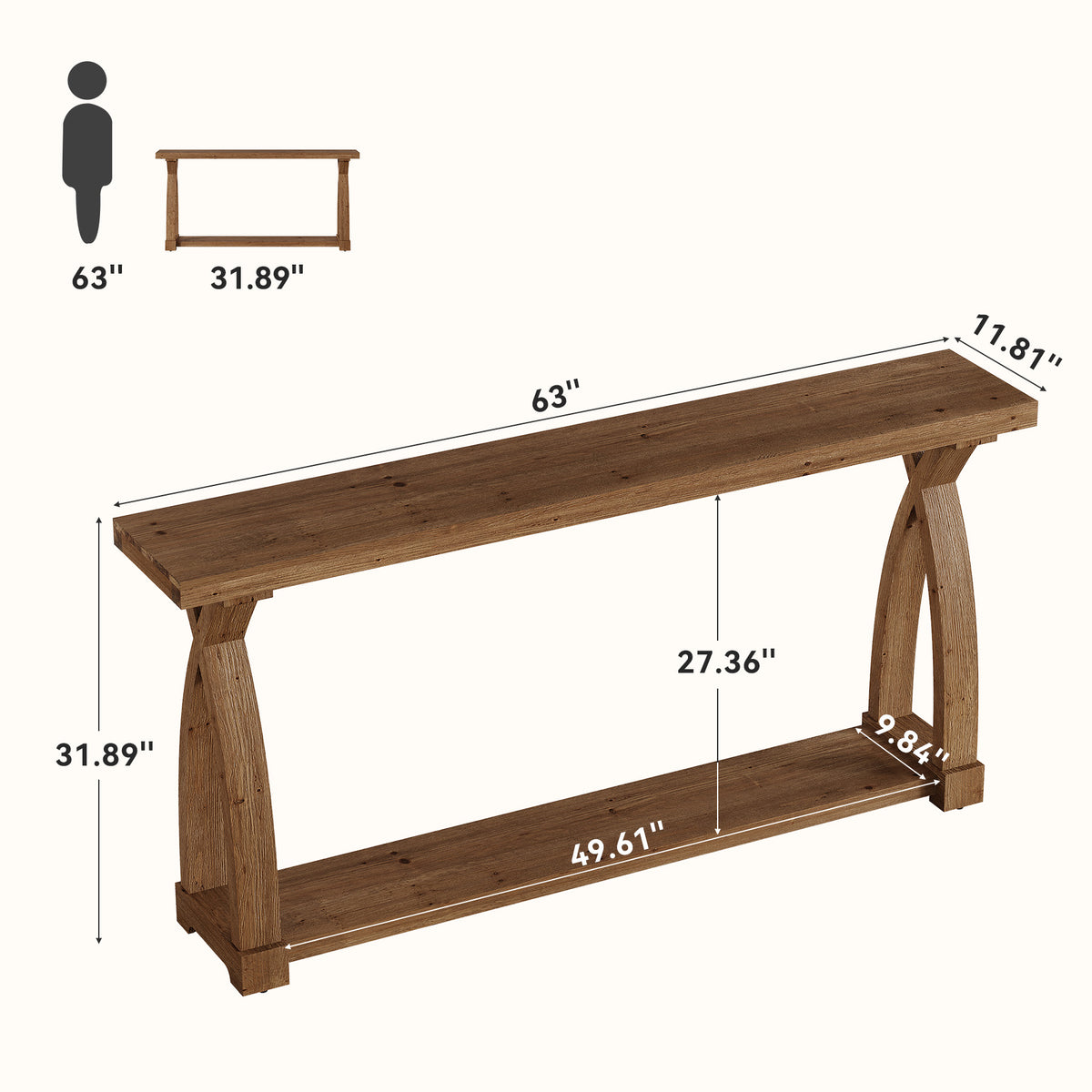 160cm Console Table, Narrow Solid Wood 2-Tier for Hallway Living Room