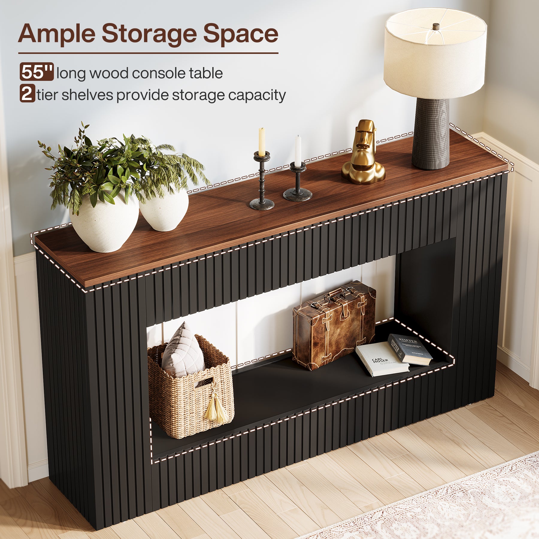 55" Console Table, Wood Entryway Table Sofa Table with Storage for Hallway