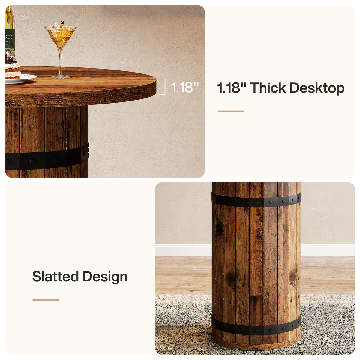 100cm Round Bar Table, Rustic Pub Table with Barrel Base for Kitchen Living Room