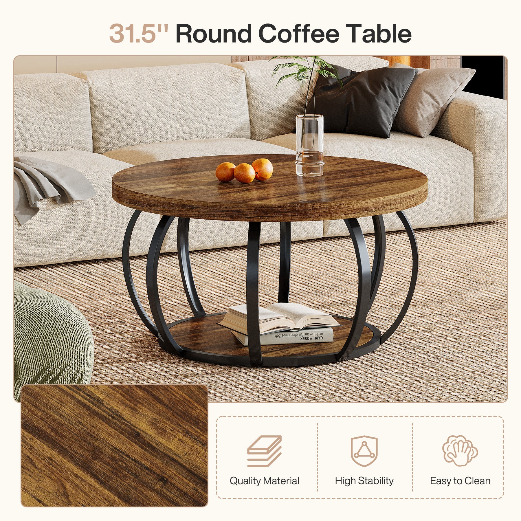 31.5" Round Coffee Table, 2-Tier Farmhouse Center Table with Wood & Black Metal for Living Room