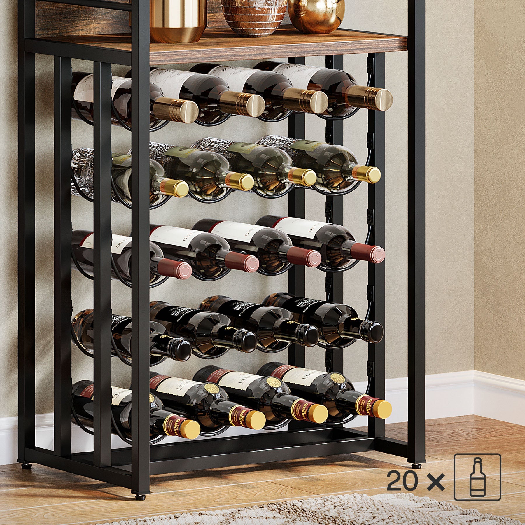 72.04" Tall Wine Rack with Glass Holder, Industrial Metal Wine Storage Stand with Tabletop