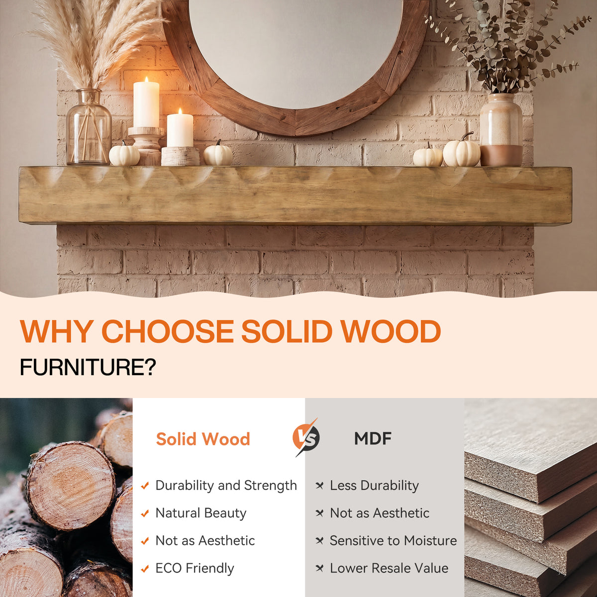 Tribesigns Rustic Suspended Fireplace Shelf in Solid Wood, 160 cm, Load Capacity 36 kg