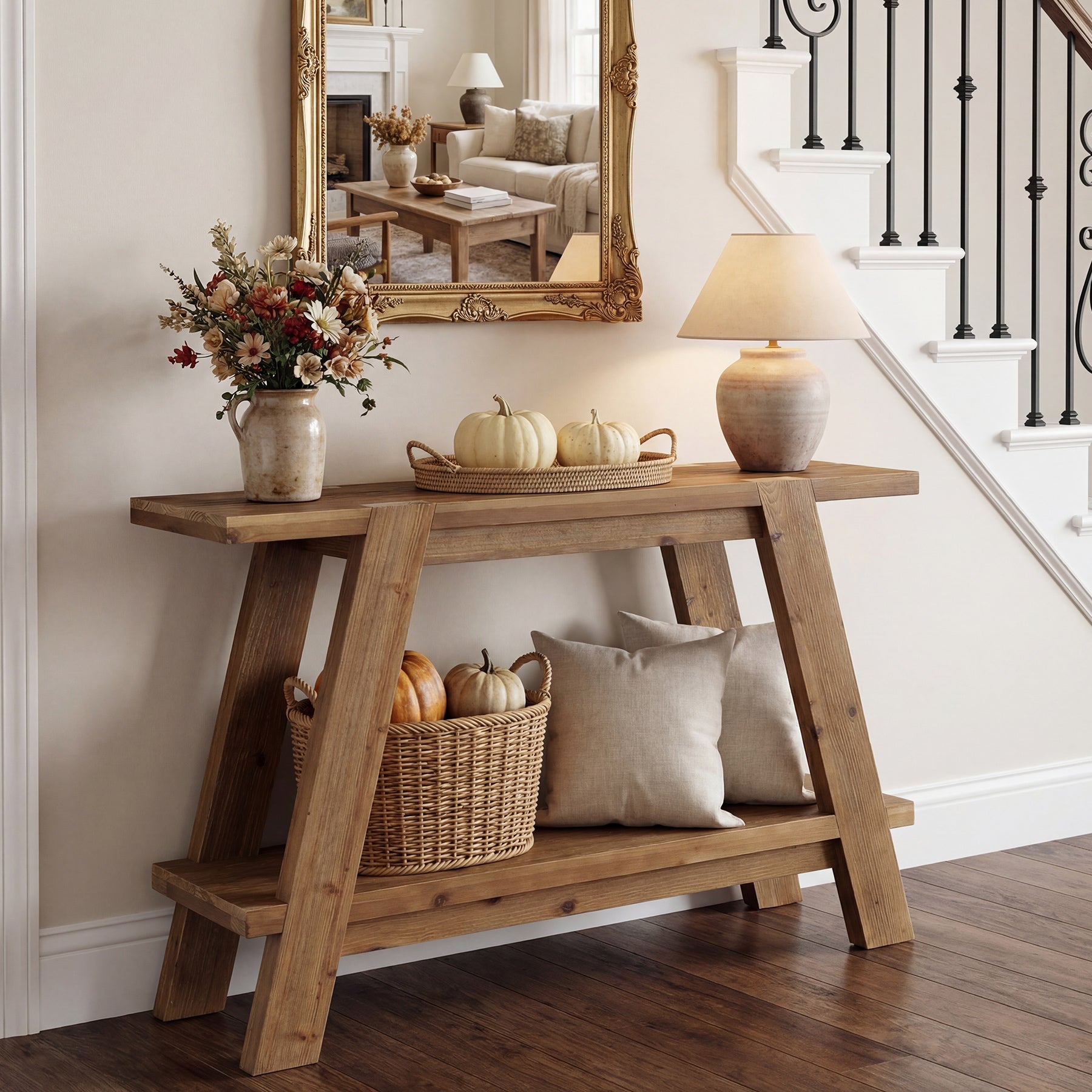 110cm Narrow Console Table, 2-Tier Solid Wood Sofa Entryway Table