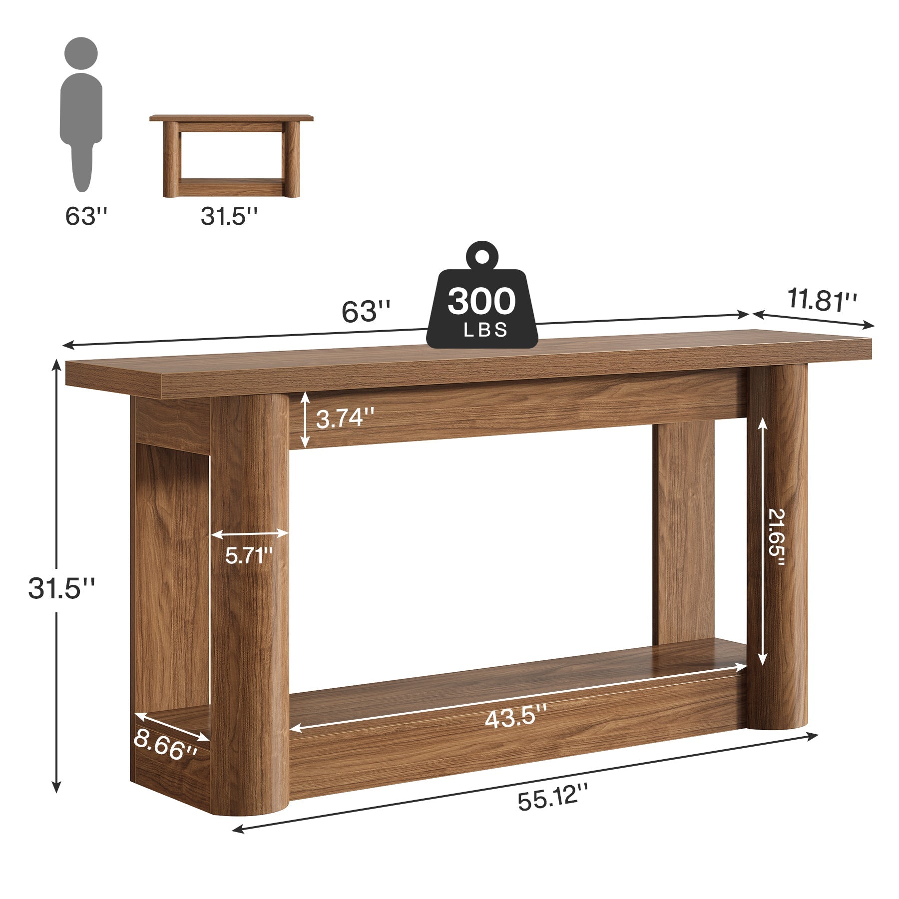 63" Farmhouse Console Table with 2-Tier Storage, Rustic Narrow Sofa Table Behind Couch