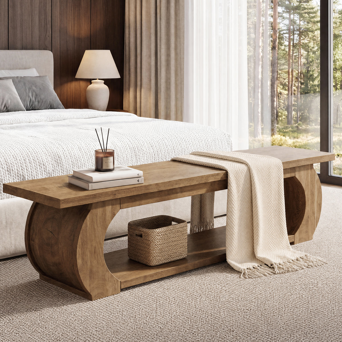160cm Bedroom Bench, Country Storage Bench with Open Shelf & Curved Wood Frame