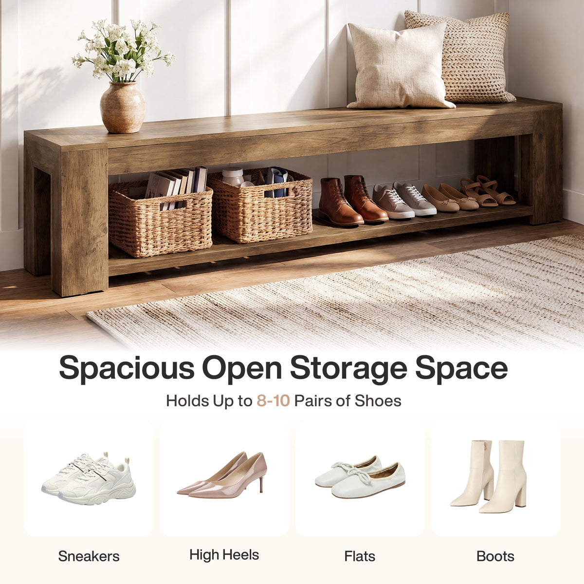 180cm Entryway Bench, 2-Tier Shoe Storage with Lower Open Shelf for 3-4 People