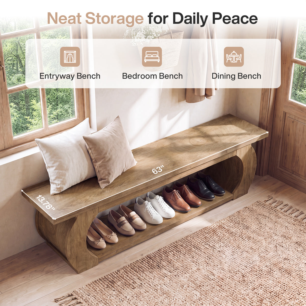 160cm Entryway Bench, Farmhouse Wooden Shoe Bench with Storage Shelf for Hallway