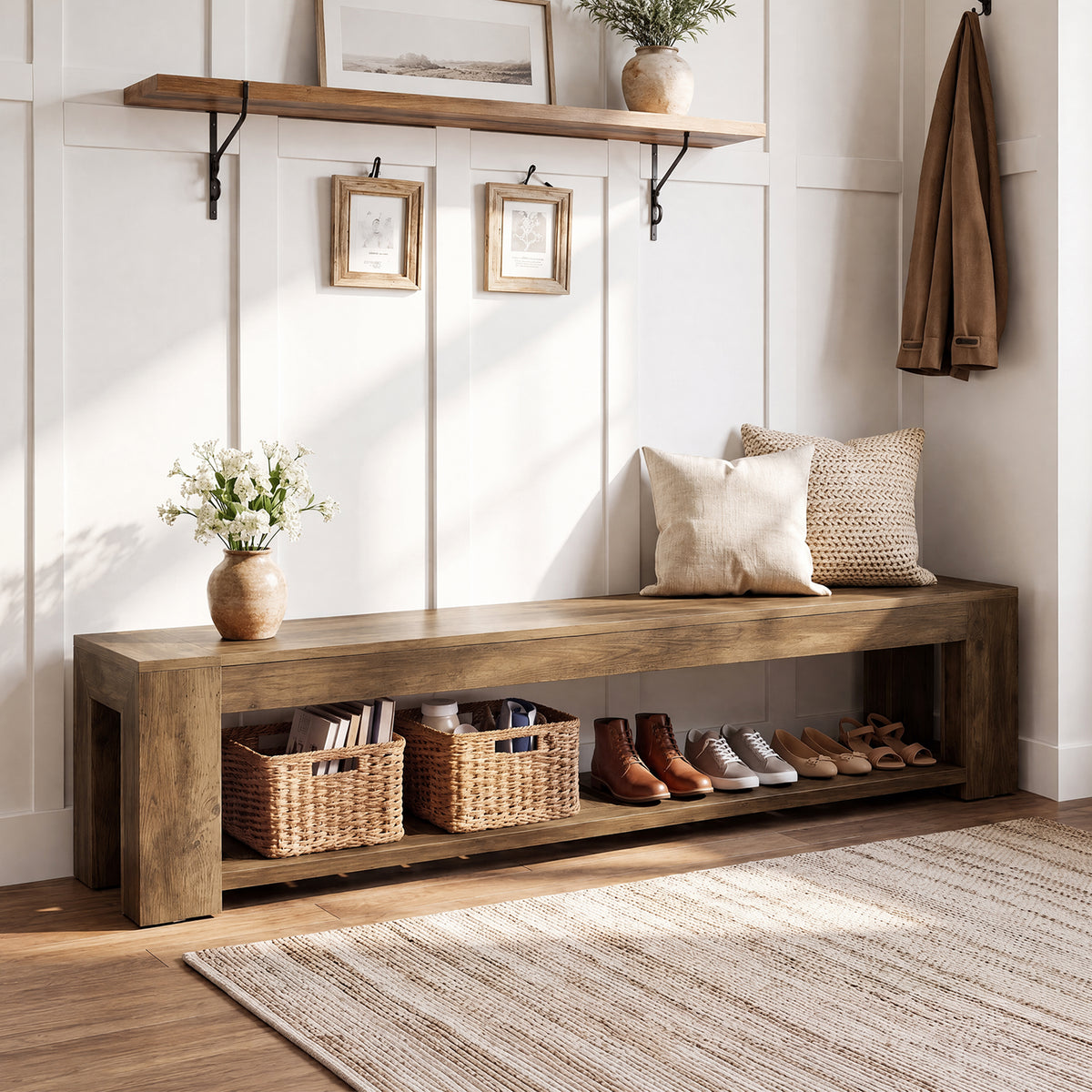 180cm Entryway Bench, 2-Tier Shoe Storage with Lower Open Shelf for 3-4 People